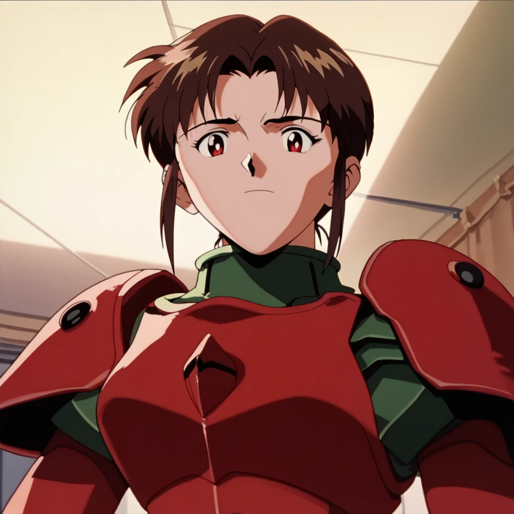 score_9, score_8_up, score_7_up,score_6_up, 1girl, solo, retro artstyle, 90s, grain, anime screencap, (style), Mimiru_\(.hack//SIGN\), Yoshiyuki_sadamoto, red_armor, red_eyes armor ,hair_intakes, bright_pupils,hair_ornament,clothing_cutout, warpaint, two-tone_hair,hazel_hair, brown_hair,solo,from_below <lora:90sanimecleanpony:1>