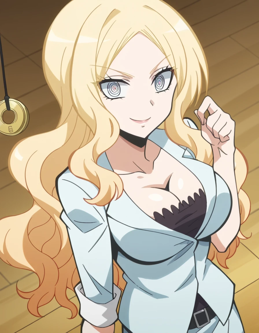 score_9, score_8_up, score_7_up, source_anime, <lora:irina-jelavic-s1s2-ponyxl-lora-nochekaiser:1>, irina jelavic, long hair, blonde hair, large breasts, anime screencap,, skirt, shirt, cleavage, miniskirt, formal, suit,, ballroom, dance floor, chandeliers, formal wear, smile, <lora:pendulum-ponyxl-lora-nochekaiser:1>, pendulum, holed coin, coin on string, hypnosis, mind control, coin, @ @,, looking at viewer, solo,, dutch angle, cowboy shot