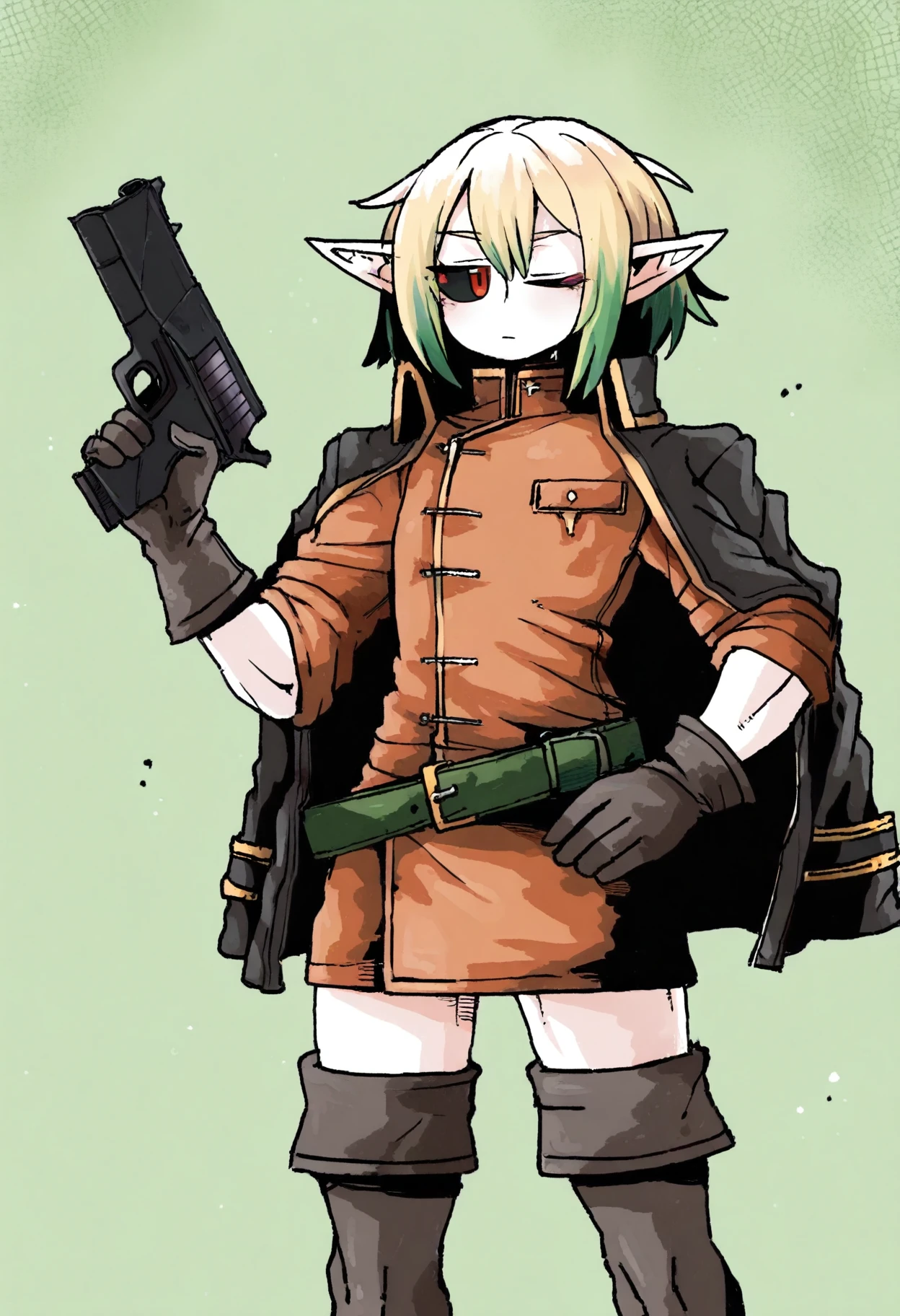 solo, 1femboy, flat chest, pointed ears, red eyes, small eyes, (black sclera), bob hair, ((blonde hair), green hair, multicolored hair), skinny, narrow shoulders, floating hair,
cowboy shot, one eye closed, good hands, holding gun, handgun,
boots, belt, military uniform, mini skirt, thigh boots, (gloves), jacket on shoulders, from below,
 <lora:octosoupIL-style:1>, octosoup,