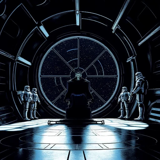 Imagine an image in the style of a graphic novel depicting the Emperor's Throne Room in stark contrast of light and shadow. The central focus is the Emperor’s throne, a dark silhouette against the brilliant expanse of the starfield beyond the massive circular window. Intricate details of the room, including the angular beams and glossy flooring, enhance the cold, foreboding atmosphere. Stormtroopers stand guard in the background, their white armor gleaming in the dim light.