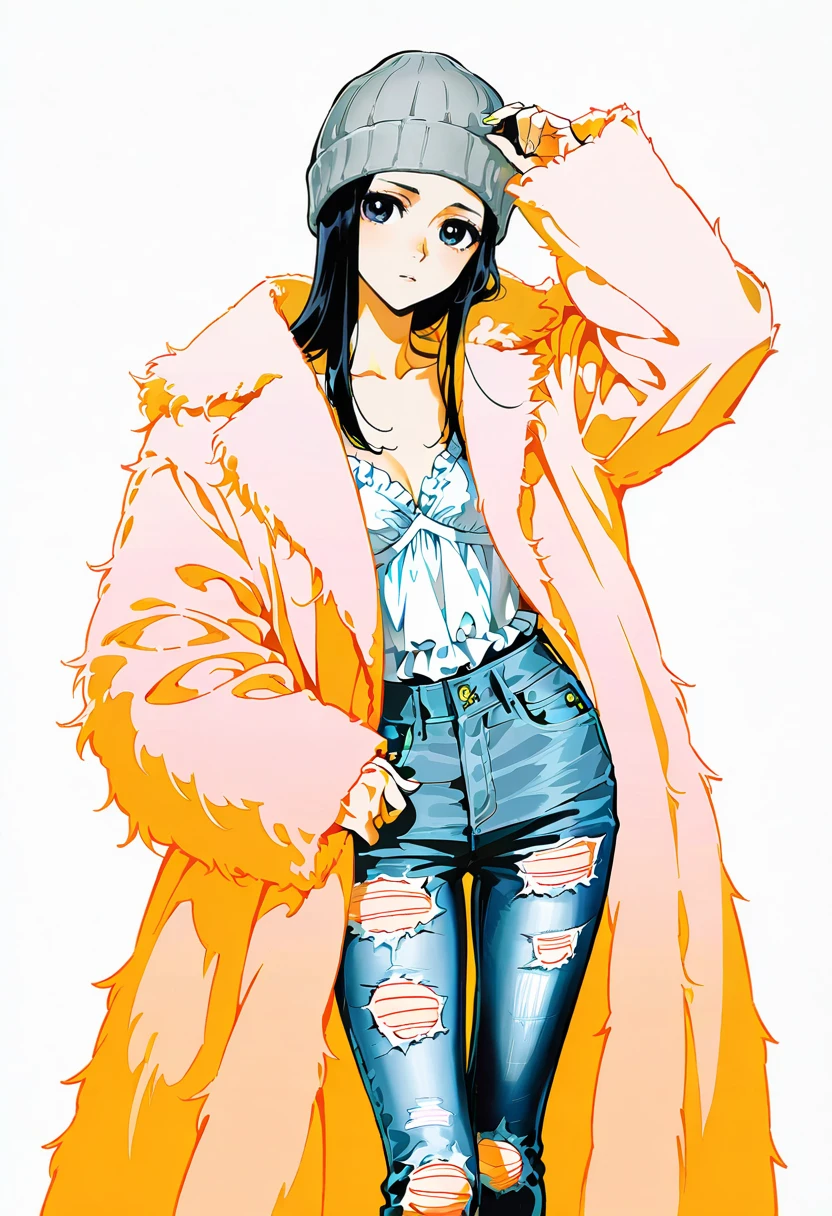 1girl,solo,looking at viewer,ikeda ruriko,long tulle jacket, coat, frills, torn jeans, beanie, kuchiki_rukia