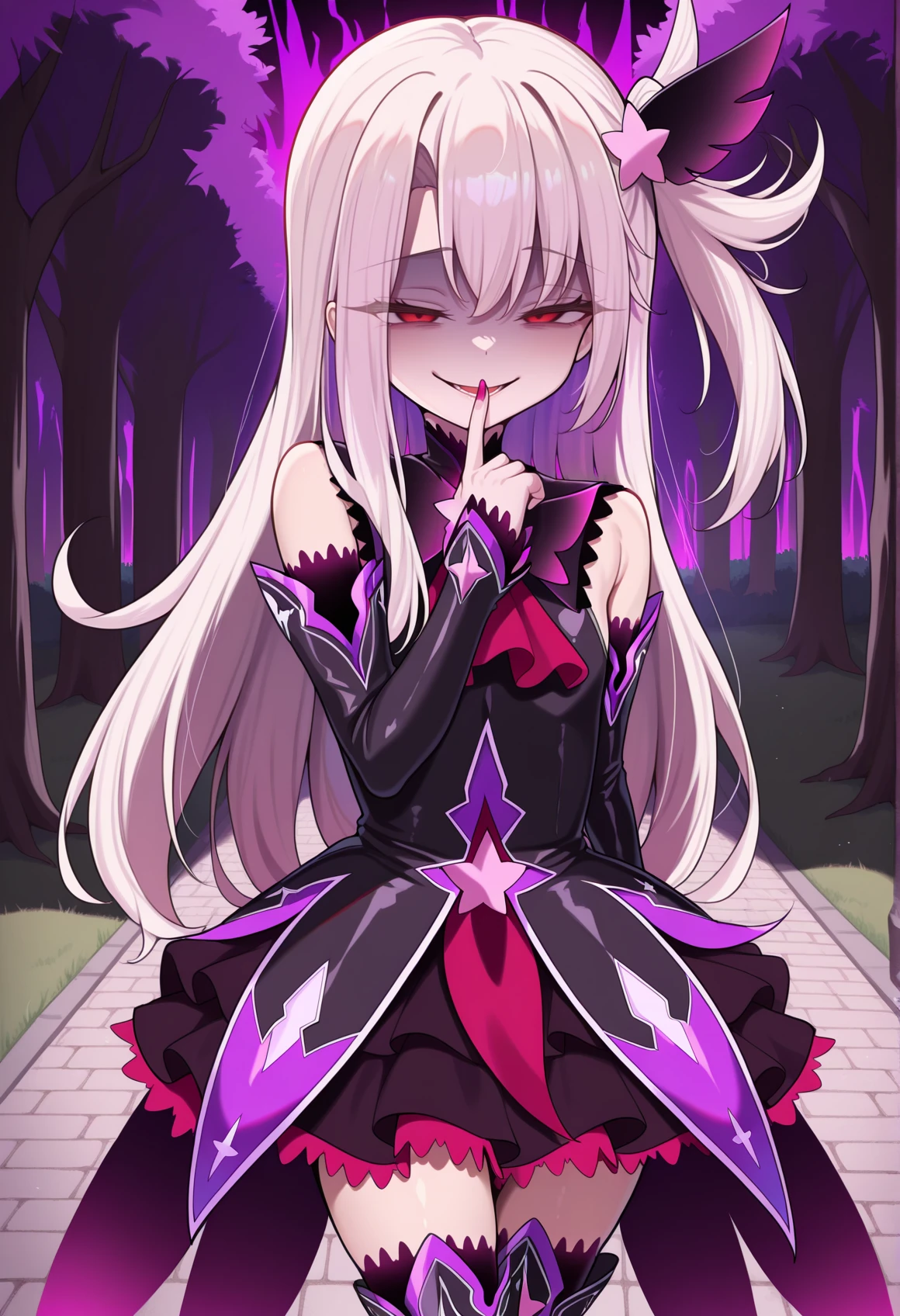 white hair, red eyes, long hair,side ponytail, hair ornament, black dress, magical girl, corruption, detached sleeves, black thigh Boots, evil smile, finger to mouth, outdoors, park   <lora:Illya_Illus:1>, masterpiece, best quality, amazing quality, very aesthetic, absurdres, highres, newest