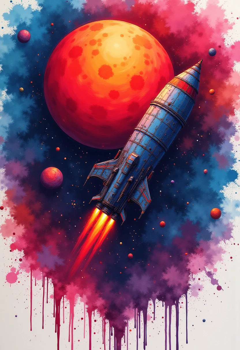 "Coloful Ink splash art style of a spaceship. Large red planet, outerspace, stars. Colorful inksplash background.