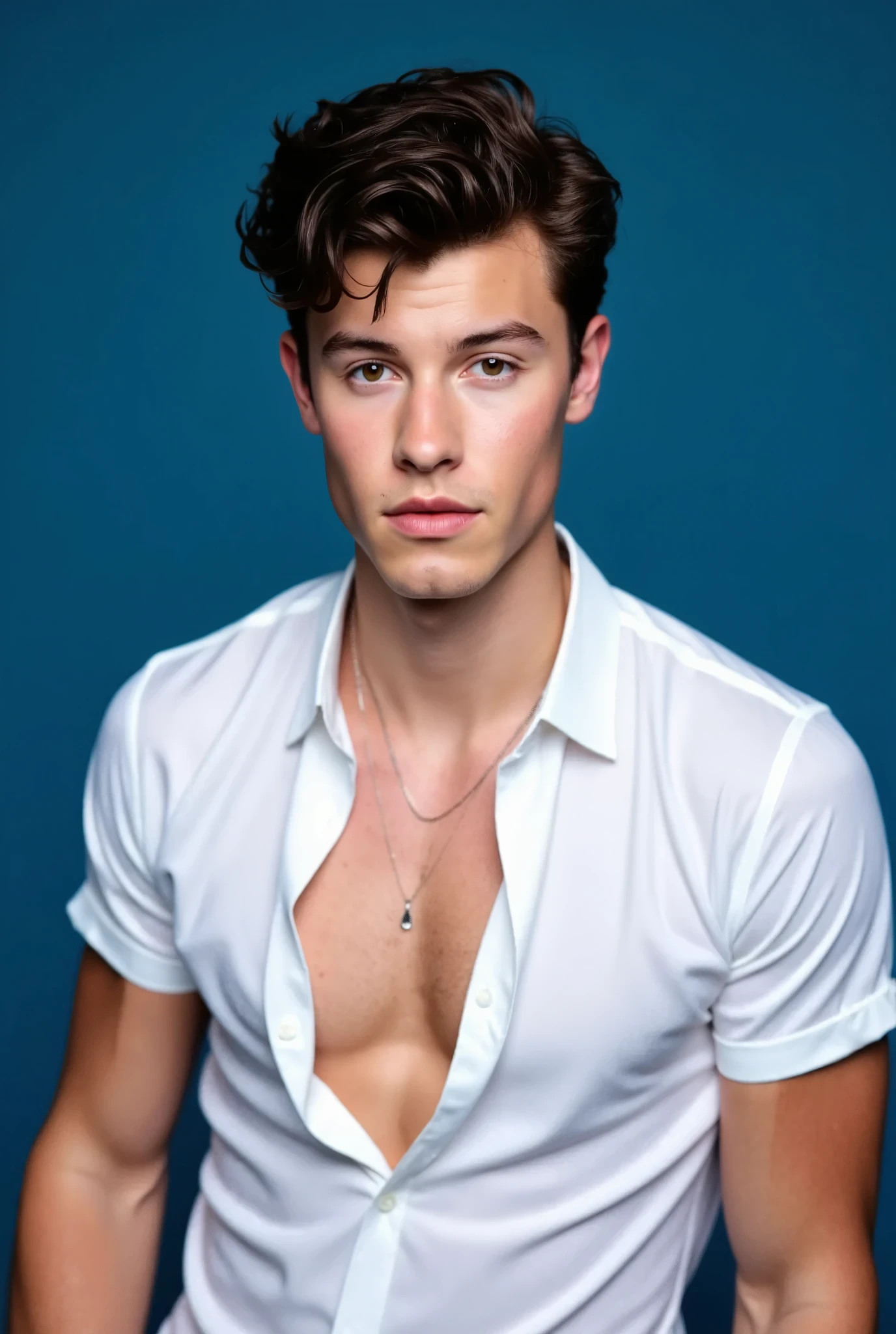 Shawn Mendes. The image is a high-resolution photograph of Shawn Mendes standing against a solid blue background. He has a light complexion and short, dark, wavy hair styled to the side. He has a clean-shaven face, expressive brown eyes, and a slightly parted mouth. He is wearing a tight white, short-sleeved button-up shirt made of a smooth, stretched across his muscled frame. The shirt is unbuttoned at the top, revealing a silver chain necklace with a small pendant.