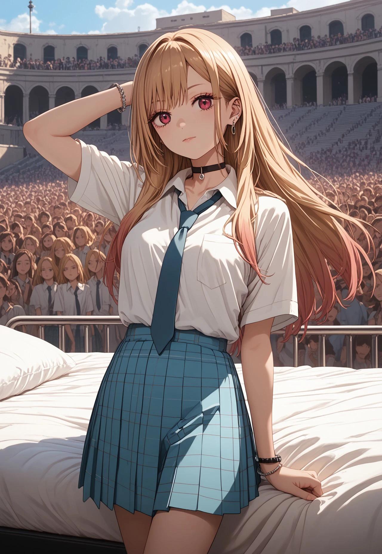 (((score_9, score_8_up, score_7_up, best view)))
, 
((( highly detailed, masterpiece, perfect, detailed, hd, )))
,
((( marin kitagawa, long hair, bangs, blonde hair, red eyes, multicolored hair,skirt, shirt, jewelry, uniform, white shirt, pleated skirt, earrings, necktie, choker, bracelet, blue skirt, plaid, black choker, plaid skirt,)))
,
((( 1girl, solo, posing, while standing on the bed )))
,
((( Bedstamb, bed, crowd, Outdoors)))
,
((( ))) 
,
((( )))
,
((( )))
,
((( )))
,
()