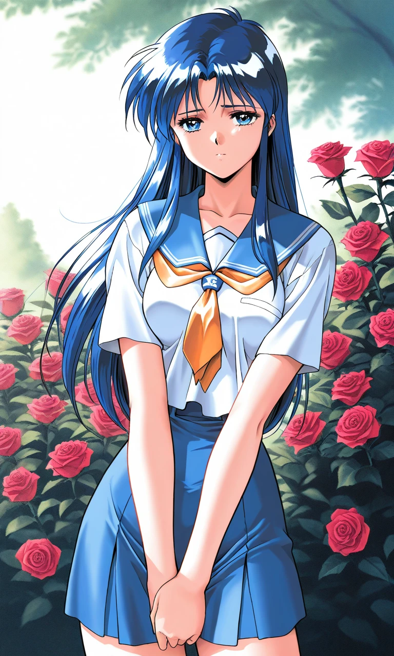 masterpiece, best quality, good quality, <lora:AiShimai_Futari_no_Kajitsu_IS:1> Kitazawa_Rumi, 1girl, blue hair, breasts, long hair, blue eyes,
school uniform, serafuku, 1990s (style), sad, v arms,
cowboy_Shot, looking at viewer,
outdoor, flower, rose,
