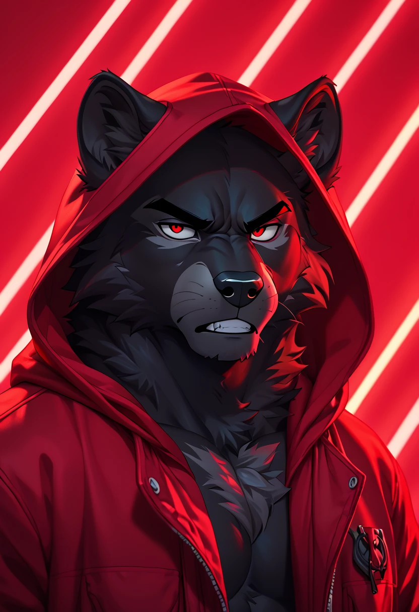 Masterpiece, score_9, score_8_up, beautifully detailed, male, anthro, furry, panther, black fur, black body fur, red hoodie, hood,  (lines_light_background:1.2), gradient black to red background, white neon line background, <lora:line_background:1>,  dark, (mad:1.2), rage, angry eyes, dynamic background, revealing chest