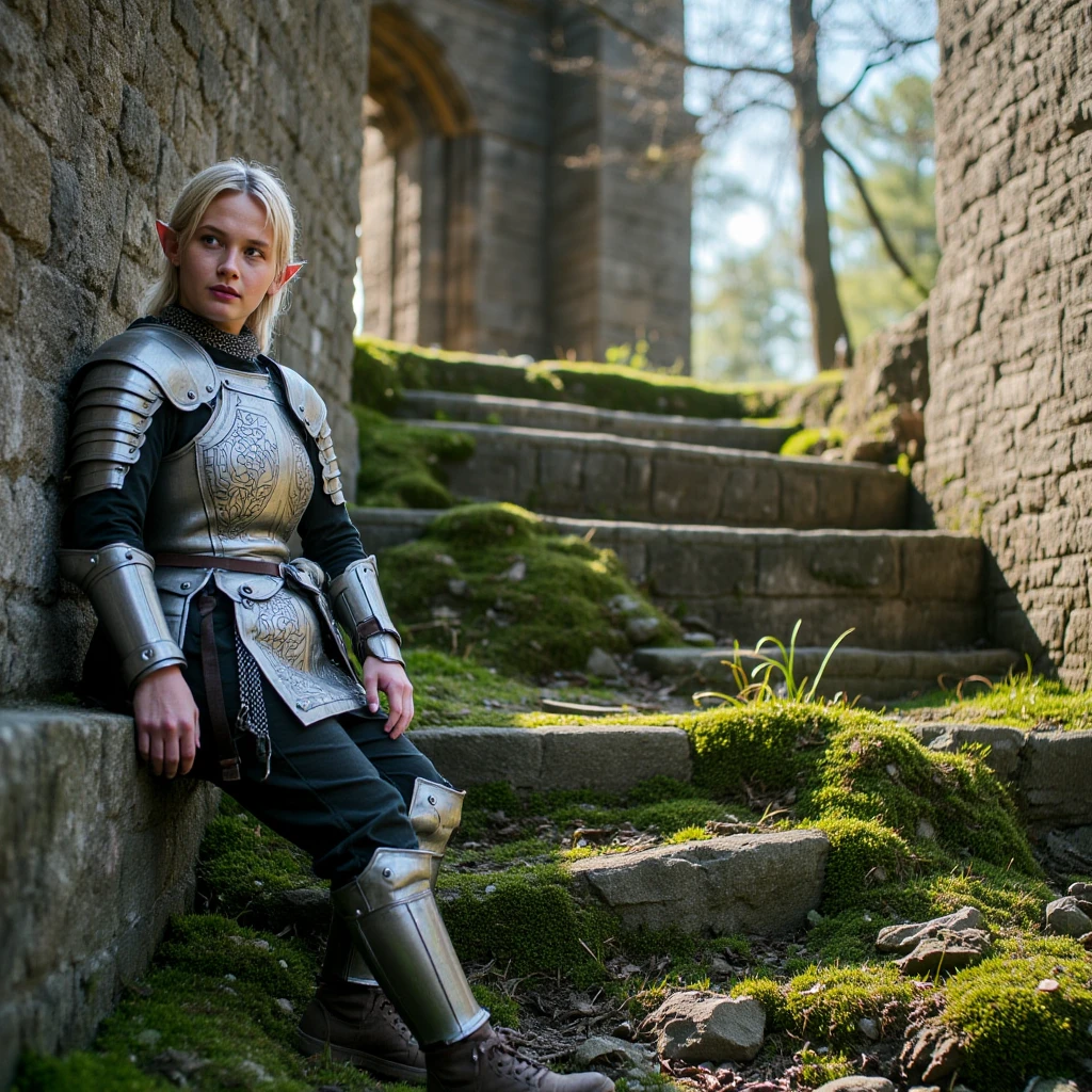 photo, elf-like cs woman with long pointed ears and long platinum-blonde hair in detailed medieval silver plate armor with intricate gravings and chainmail underneath, leaning against stone mossy wall, outdoor forest ruins setting, sunlight casting shadows, stone mossy destroyed steps in foreground, rocky ground, bare trees, natural lighting, dutch angle