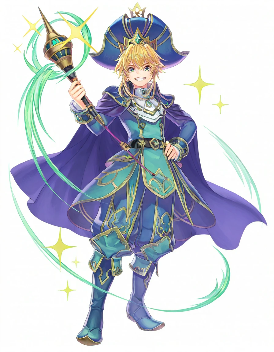 <lora:GAME_STYLE_Echoes_of_Mana_IL:1>,
airbrush \(medium\),
BREAK
1boy, blonde hair, male focus, solo, green eyes, smile, full body, boots, cape, looking at viewer, white background, teeth, hat, hand on hip, official alternate costume, sparkle, crown, grin, ,masterpiece, best quality,