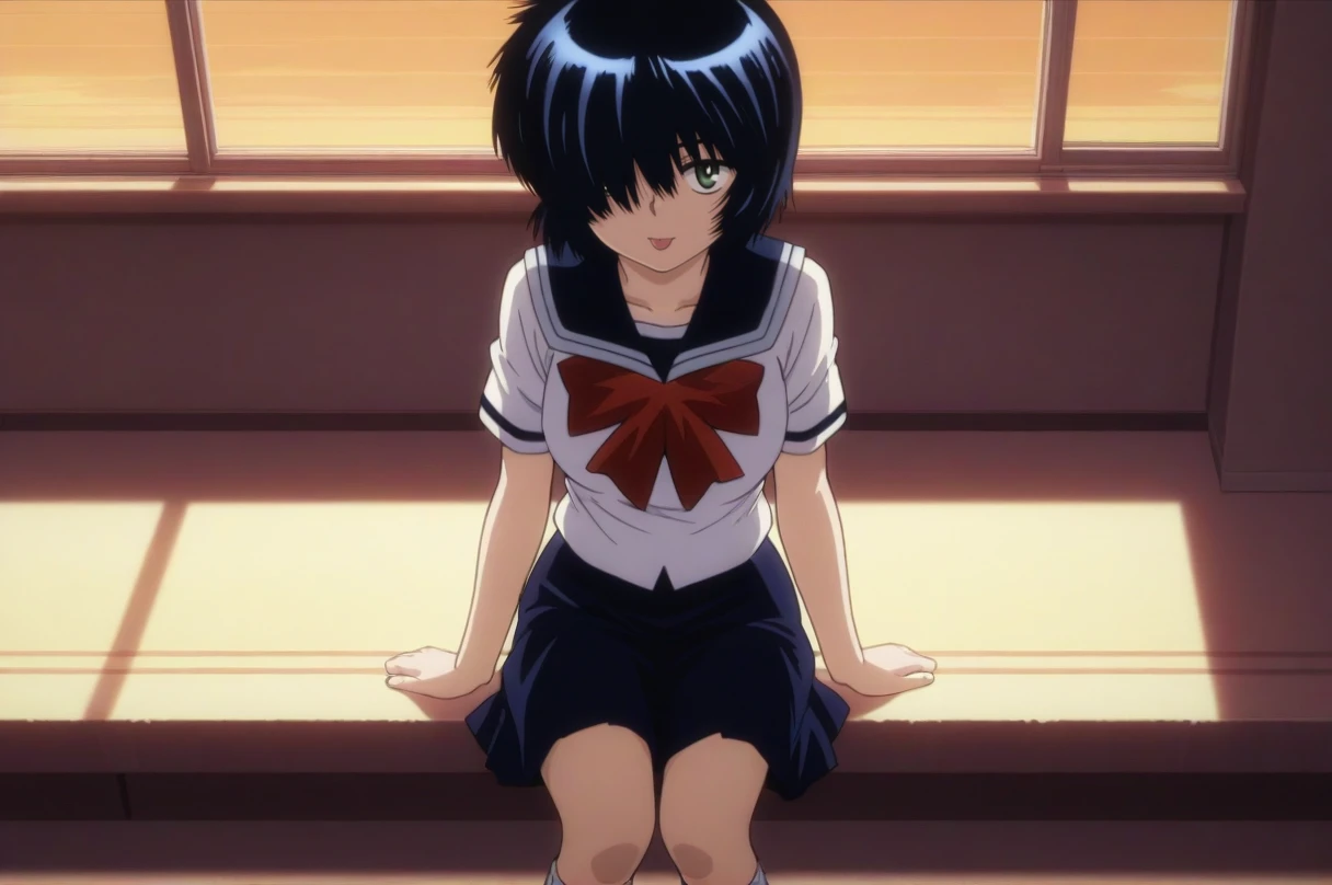 UrabeMikoto, 1girl, serafuku, white socks, blue skirt, <lora:UrabeMikoto-4-4-e5-prodigy-illustrious:0.8>, (hair over one eye) expressionless, masterpiece, best quality, high resolution, 8k, :P, green eyes