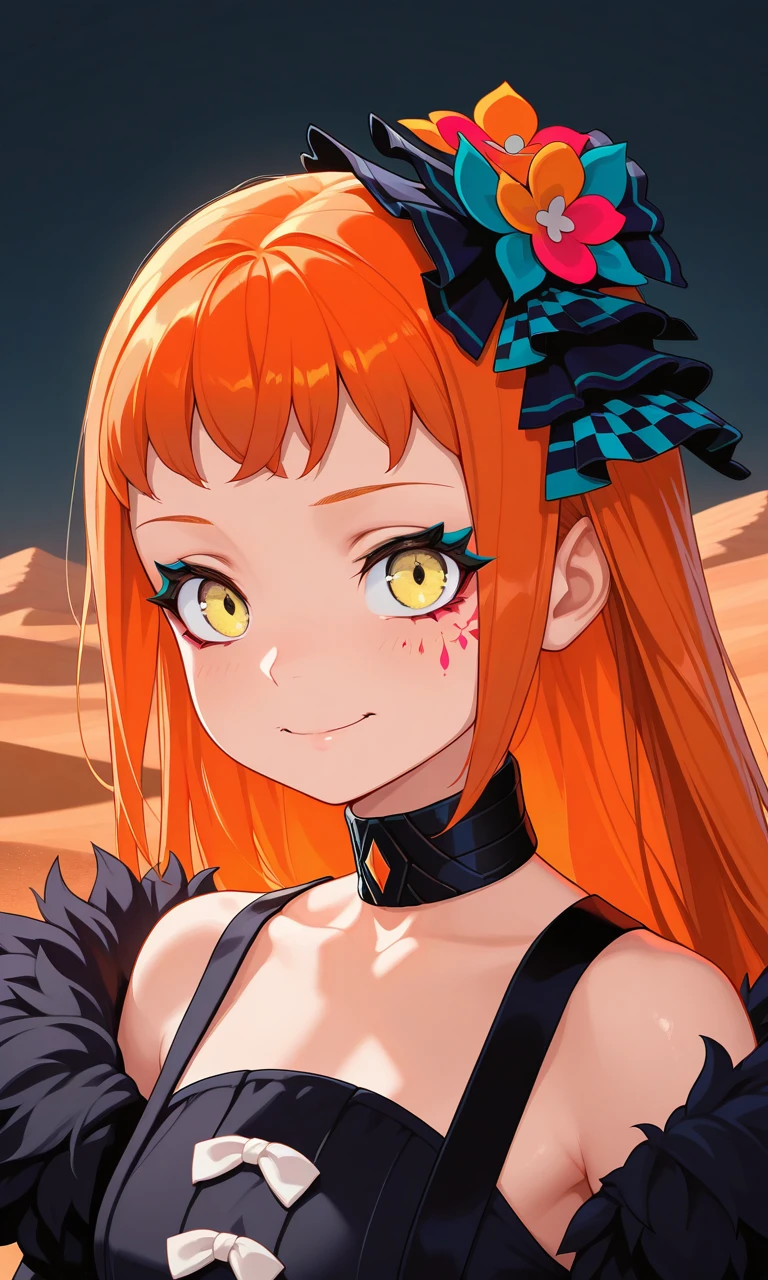 masterpiece, best quality, amazing quality, highres, absurdres, very aesthetic, high resolution, ultra detailed, perfect details, 1girl, solo, panette, orange hair, long hair, hair accessory, dress, upper body,  portrait, soft smile desert, night