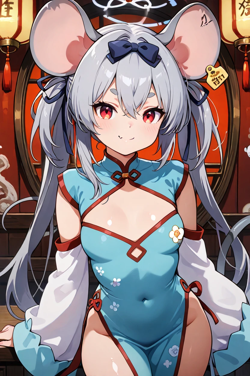 masterpiece, best quality, solo, curvy, beautiful eyes, zzSaya, animal ears, mouse ears, long hair, red eyes, grey hair, halo, mouse tail, mouse girl, tail, fang, china dress, ear tag, solo, blue dress, detached sleeves, mouse, bow  ,<lora:SayaBluearchiveIXL:1.0>, dynamic pose, cowboy shot, smile, looking at viewer, shiny skin,