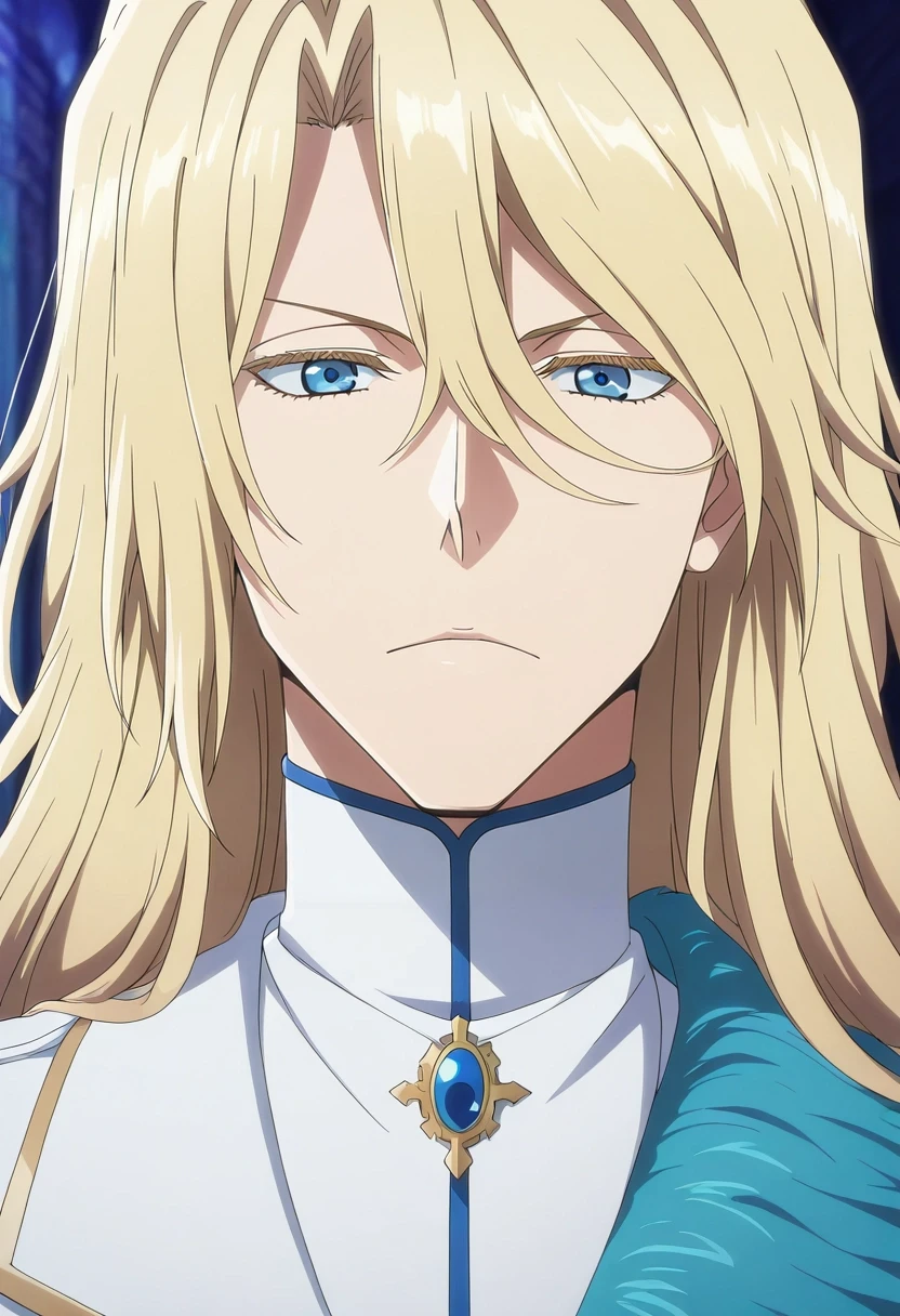 masterpiece, best quality, intricate details, anime screencap, anime coloring, official style, looking at viewer, , 1boy, solo, male focus, <lora:jugram_haschwalth_ilxl:0.9>, jugram_haschwalth, blonde hair, blue eyes, long hair, hair between eyes, bangs, , renaissance costume