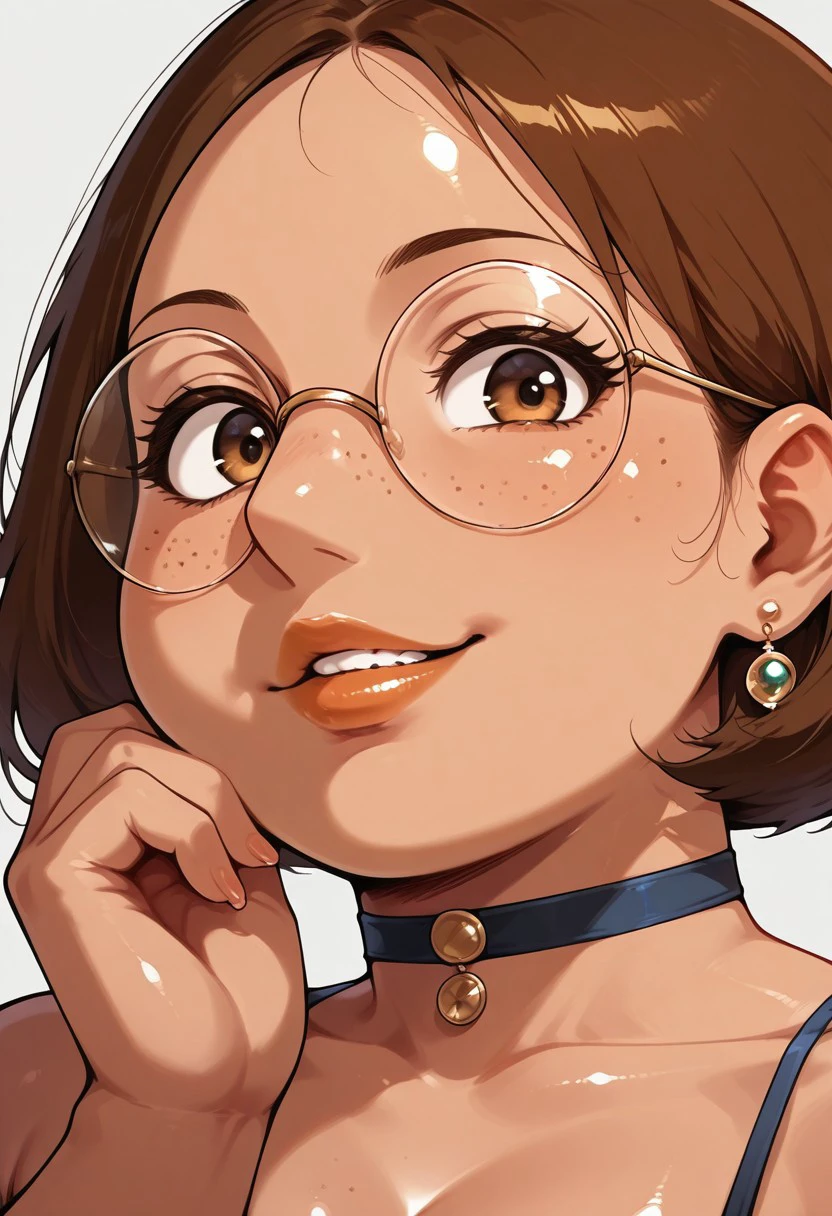Meg, score_9, score_8_up, round glasses, looking at viewer, brown eyes, Score_9, Score_8_up, 1girl, solo, light-skinned female, bikini, choker, earrings, hand up, freckles, lips, brown hair, bobcut, braces, smile, album cover, portrait, shiny skin, closeup, plump lips, lip gloss, sexy, milf