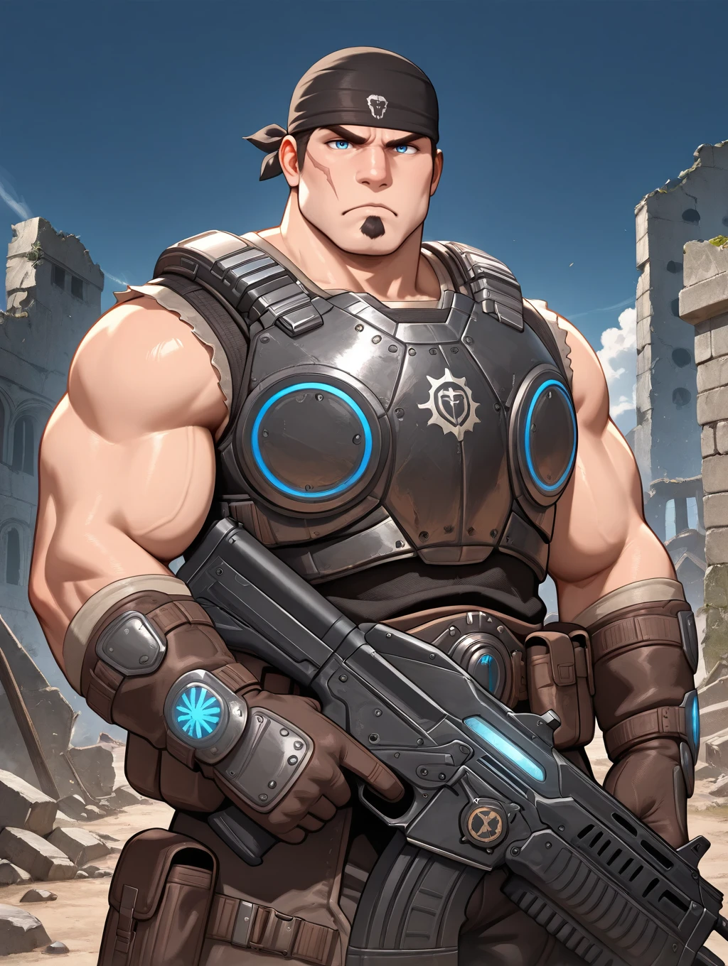 <lora:OG_Marcus_Fenix_IL:0.97> ogmarcusfenix, black bandana, sleeveless armor, muscular, bara, chubby, goatee, scar on face, blue eyes, cowboy shot, frown, looking at viewer, gloves, ruins, holding assault rifle, assault rifle, masterpiece, best quality