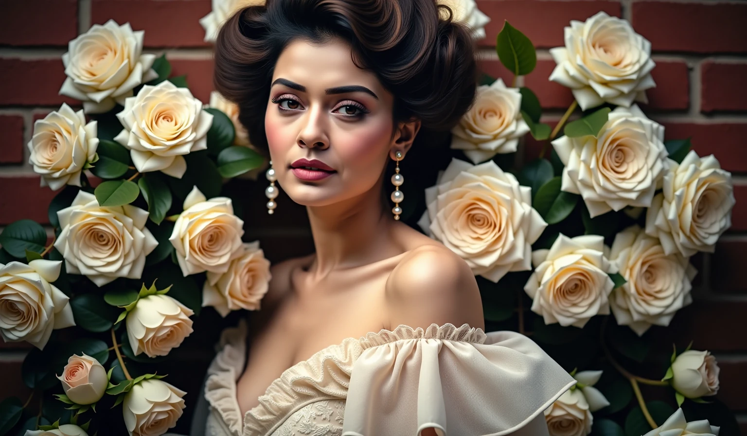 payalrajputukohwx  with voluminous, styled hair, adorned with a profusion of white roses.  Woman's face displays a serene expression, featuring delicate features and full lips.   She wears a full-length, off-the-shoulder dress, styled with lace and a delicate ruffling detail, rich in texture. The dress is detailed, almost romantic, with numerous rose arrangements holding it in place.  Large, dangling earrings with pearl accents adorn her ears, complementing the overall vintage aesthetic.  Her body language is poised and graceful, leaning slightly against a brick wall.  The background consists of a brick wall, contrasting with the soft tones of the roses. The scene is bathed in soft light, creating a romantic and nostalgic atmosphere.  The overall style suggests a classic, vintage portrait but rendered with a dramatic, somewhat ethereal quality.   The composition is centered on the woman, with the roses framing her, creating a soft focus effect. 
