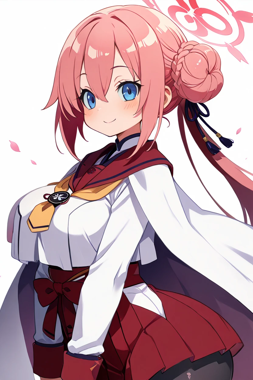 masterpiece, best quality, solo, curvy, beautiful eyes, zzMimori, blue eyes, pink hair, halo, hair bun, braided bun, long hair, pink halo, hair ornament, hair between eyes, long sleeves, red sailor collar, red skirt, solo, black pantyhose, pleated skirt, white cape, school uniform, white shirt, hakama,  <lora:MimoriBluearchiveIXL:1.0>, upper body, side view, smile, looking at viewer, shiny skin,<lora:HaradaTakehitoIXL_v3:1.3>, <lora:ZankuroIXLLight_v2:0.6>,