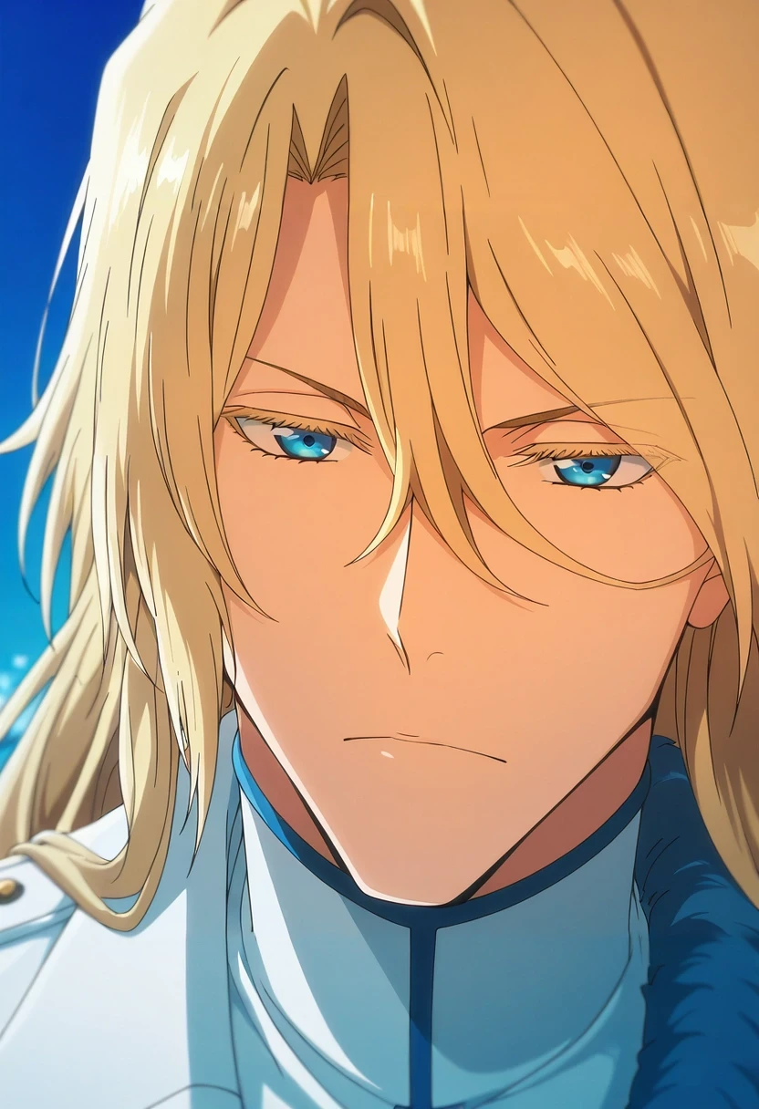 masterpiece, best quality, intricate details, anime screencap, anime coloring, , , depth of field, 1boy, solo, male focus, <lora:jugram_haschwalth_ilxl:1>, jugram_haschwalth, blonde hair, blue eyes, long hair, hair between eyes, bangs, ,