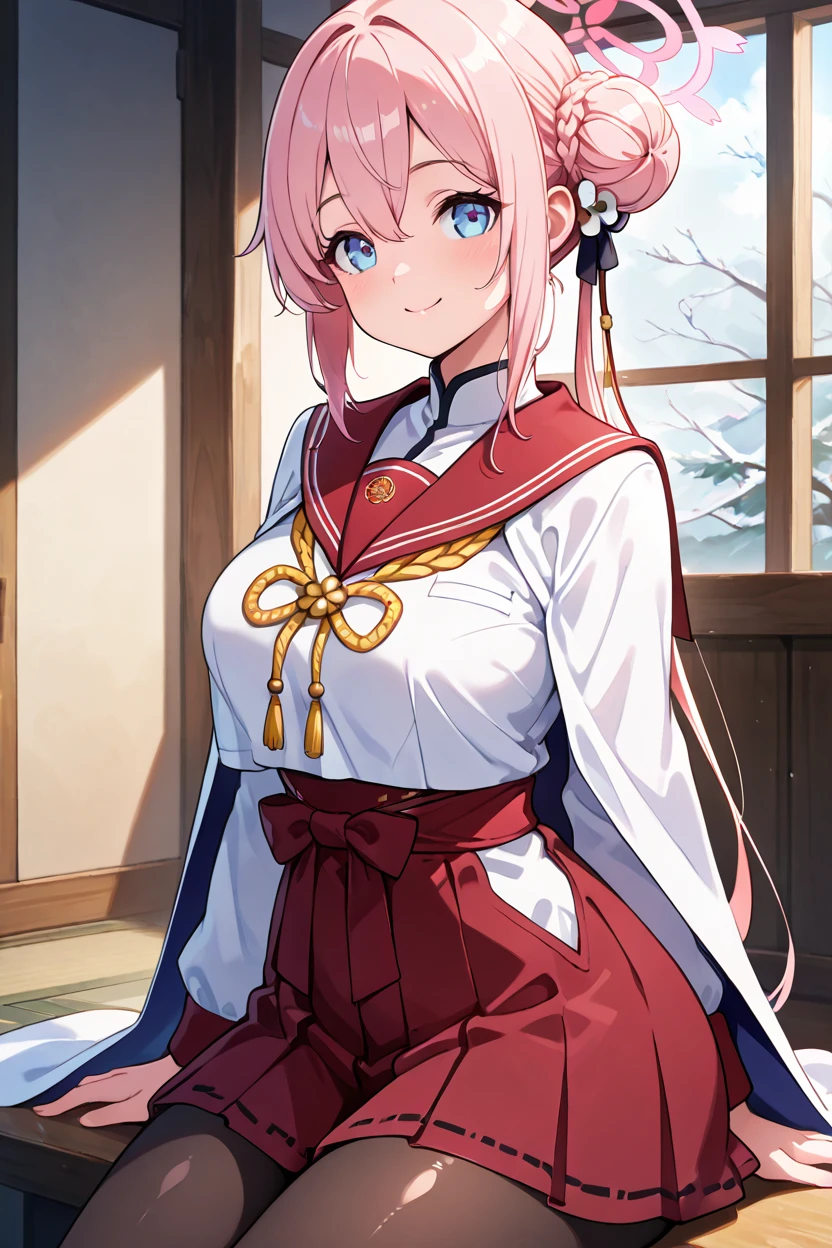 masterpiece, best quality, solo, curvy, beautiful eyes, zzMimori, blue eyes, pink hair, halo, hair bun, braided bun, long hair, pink halo, hair ornament, hair between eyes, long sleeves, red sailor collar, red skirt, solo, black pantyhose, pleated skirt, cape, school uniform, white shirt, hakama,  <lora:MimoriBluearchiveIXL:1.0>, upper body, side view, smile, looking at viewer, shiny skin,