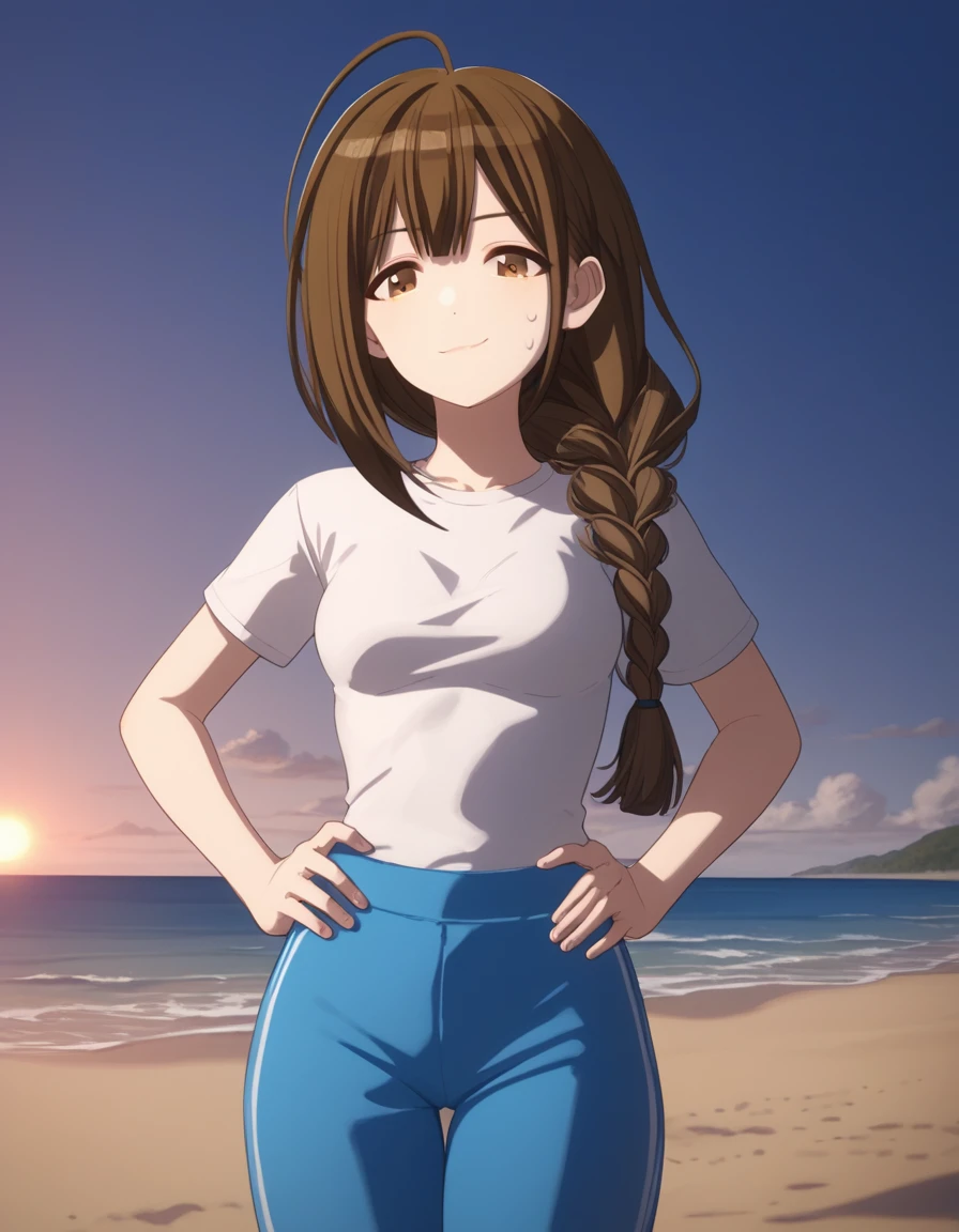 score_9, score_8_up, score_7_up, source_anime, <lora:chiyuki-kuwayama-s2-ponyxl-lora-nochekaiser:1>, chiyuki kuwayama, long hair, bangs, brown hair, brown eyes, braid, ahoge, single braid, hair over shoulder, braided ponytail, medium breasts,, shirt, white shirt, short sleeves, pants, t-shirt, blue pants, track pants, sweatpants,, beach, sunset, walking along shore, footprints in sand, waves, peaceful, , smug, hands on own hip,, looking at viewer, solo,, dutch angle, cowboy shot