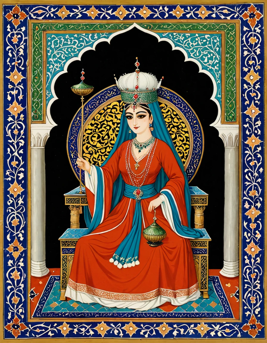 An Ottoman miniature-style painting, delicate and highly stylized, featuring a sultan with an elongated mustache seated on an ornate throne, holding a jeweled goblet. A graceful woman performs a dance before him, wearing a lion mask atop her head, her upper body adorned with traditional Ottoman jewelry. Around her, musicians in Ottoman robes sit cross-legged, playing instruments like the oud and ney. The setting is a richly decorated palace with intricate patterns, colorful tiles, floral motifs, and Persian carpets, all rendered in the flat, vibrant, and linear style of traditional Ottoman miniature art, emphasizing fine details and elegant compositions. <lora:add-detail-xl:0.5> <lora:ottoman-000010:0.7>