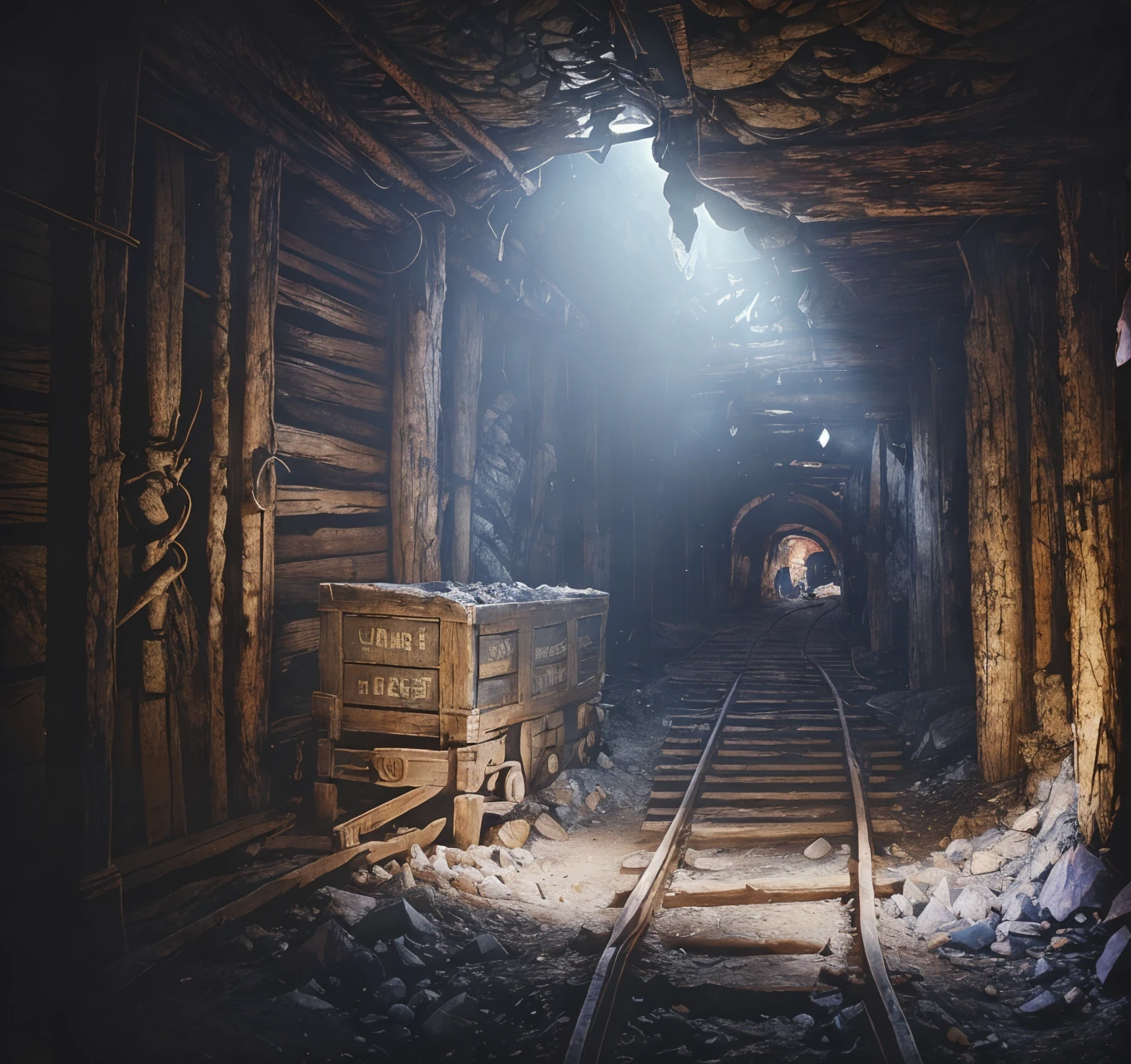 RAW photo, (masterpiece:1.3), subsurface scattering, heavy shadow, (high quality:1.4), (intricate, high detail:1.2), professional photography, HDR, High Dynamic Range, realistic, ultra realistic, photorealistic, high resolution, film photography, ambient lighting, atmospheric effects, <lora:detail_slider_v4:2>, OverallDetail, <lora:Underground_Mine:1>, an underground dwarven mine, tracks, crystals, cart, shaft, crates, undmi, epiCPhoto