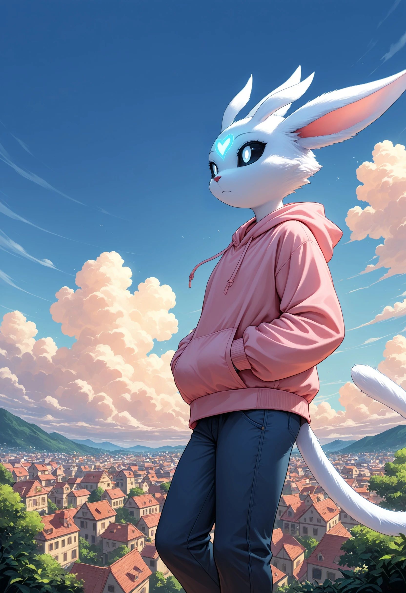 masterpiece, best quality, very awa, ori \(series\), ori \(ori\), guardian spirit, white body, furry, anthro, pink hoodie, pants, from side, hands in pockets, casual clothes, tail, white pupils, black sclera, white fur, ambiguous gender, solo, face focus, looking afar, blue sky, clouds, city, town background, nature, stree, buildings, scenery