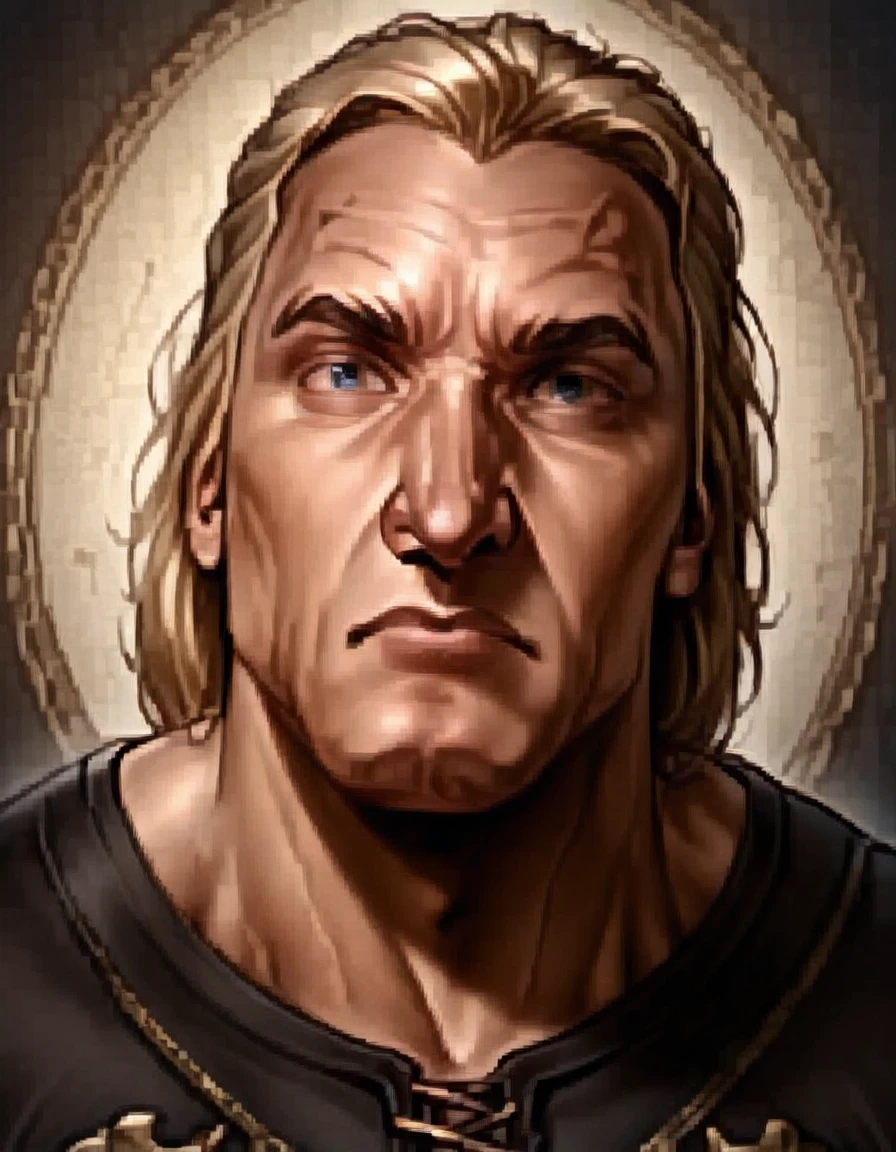 <lora:Illustrious_-_Baldurs_Gate_I_-_Portraits_-_1998:1> baldur's gate official portrait, character, solo,  <lora:Brock_Samson_-_The_Venture_Brothers_-_PDXL:1> 1boy, vb_brock, muscular male, blonde hair, blue eyes, black shirt,, source_cartoon, score_9, score_8_up, score_7_up, score_6_up, score_5_up, score_4_up,