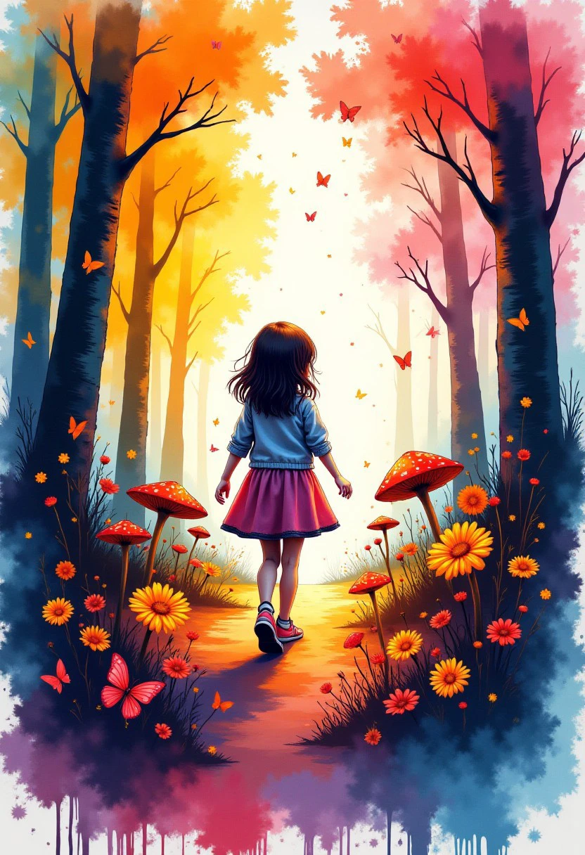 "Coloful Ink splash art style of a girl. Walking in the woods. butterflies, mushrooms. Colorful inksplash background.