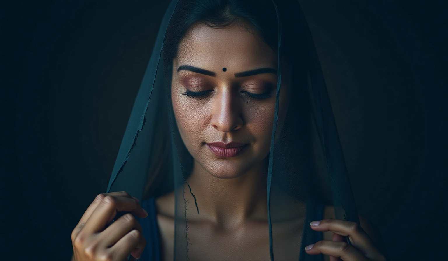 portrait of payalrajputukohwx , with a veil draped over her face.  Delicate, translucent veil, with visible rips and texture, obscures the face, creating a sense of mystery and melancholy.  Subtle, almost ethereal lighting highlights the contours of the woman's face and neck.  Portrait orientation, close-up view showcasing delicate features.  Soft focus on the woman's face, while the veil's texture and rips are more sharply defined.  The expression is melancholic, almost contemplative, with closed eyes, and a calm, serene posture. Classic photography aesthetic, evocative of old-fashioned portraiture.  Deep blacks and blues accentuate the image.  A sense of vulnerability and grace is pervasive.  Fine detail on the skin's texture.  No visible background elements, emphasizing the subject entirely.  The composition is centered, creating a balanced perspective, with a slight side profile view highlighting the facial features.  A soft, somber mood and atmosphere are evoked, using a classic, vintage style.
