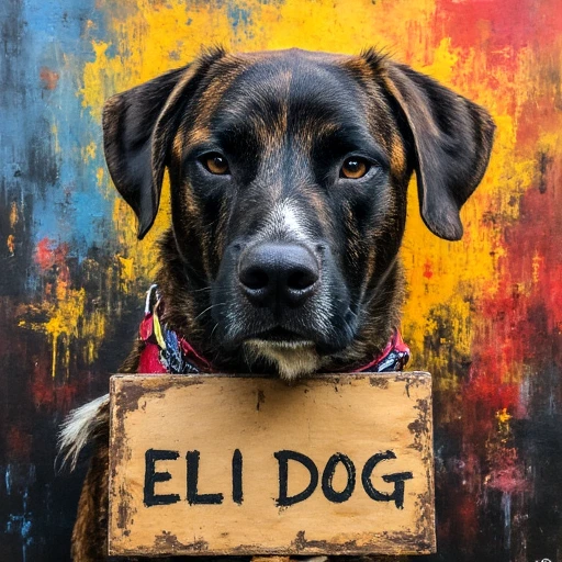 Abstract artwork, the face of Eli Dog, presented in vivid color, with thick line strokes, wet paint, and dark shadows. The dog is holding a sign with the text "ELI DOG".