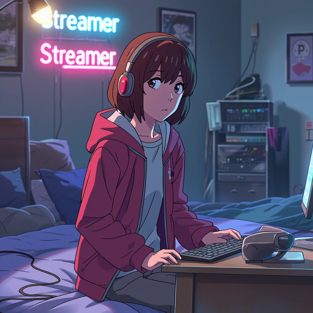 anime screencap in yn artstyle, a young streamer woman with medium-length brown hair and headphones dressed in in an opened sweatjacket with a tshirt underneath sitting in front of a webcam in a bed room with neon lights in the background that read "Streamer"