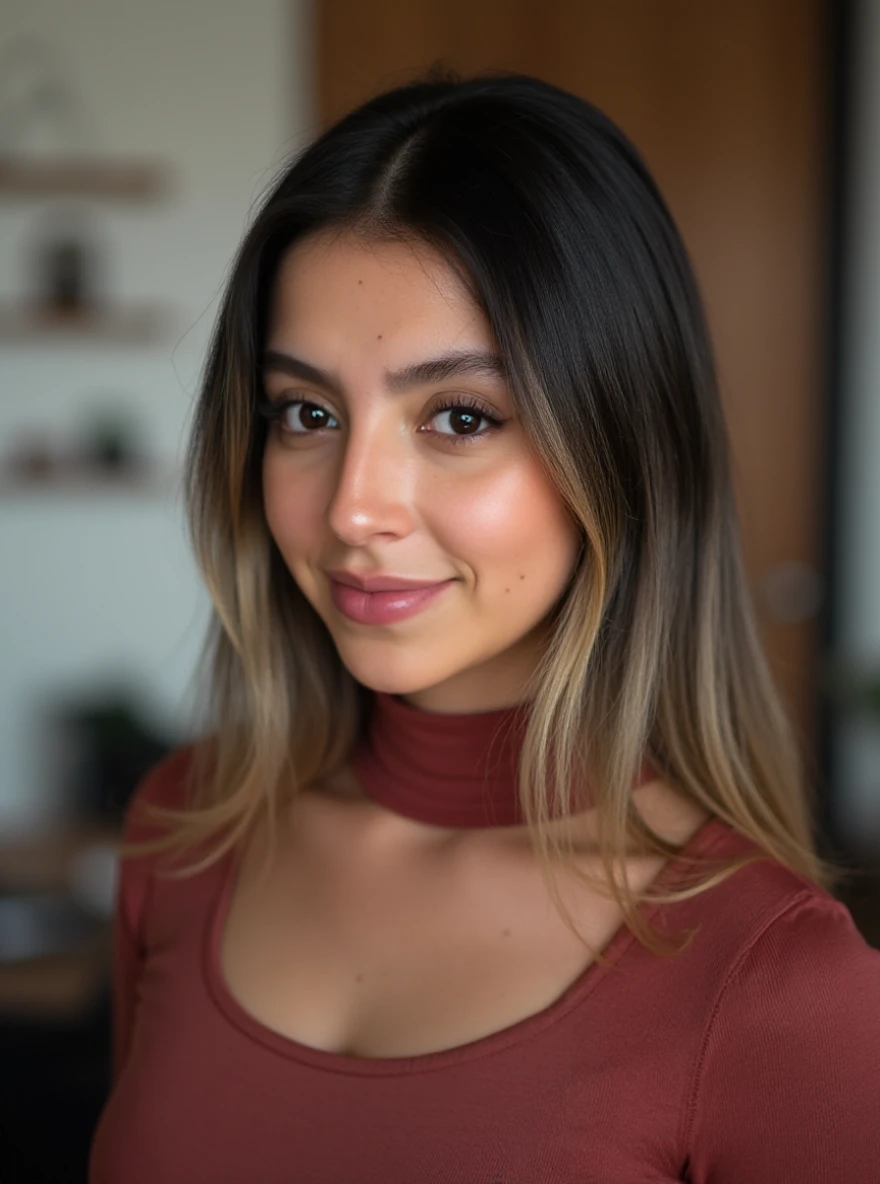 portrait of al1c14w0nd3r woman, on a office, serene and warm, natural lighting, soft focus, high-resolution, elegant and introspective atmosphere, quiet sophistication, wearing a turtleneck yarn blouse, slight smile

