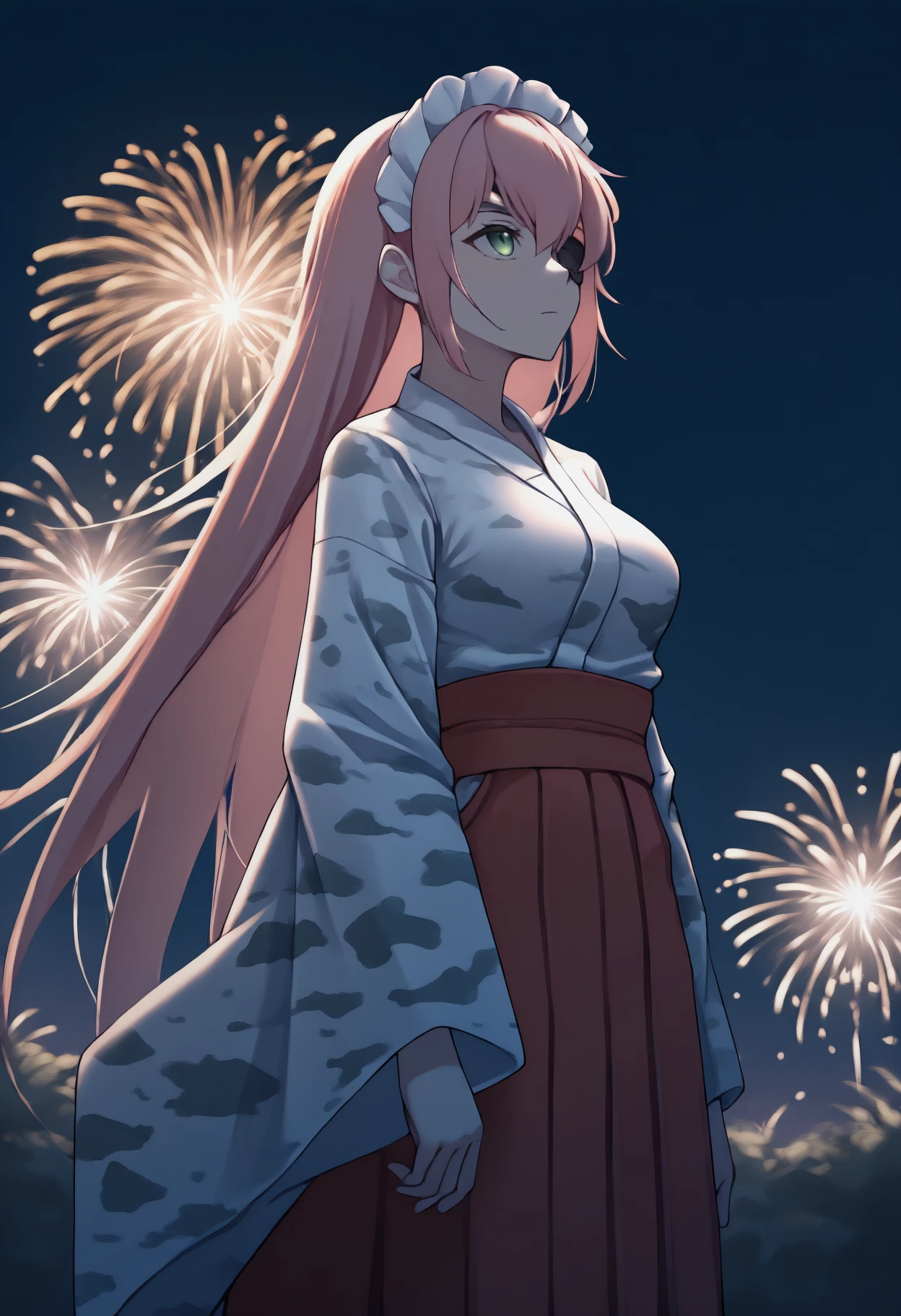 anime, masterpiece, best quality, solo, 1girl, czdlt, expressionless, looking up, standing, pink hair, camouflage, maid headdress, green eyes, eyepatch, japanese clothes, white kimono, wide sleeves, red hakama, outdoors, night, fireworks, backlighting
<segment:yolo-Anzhc Face seg 640 v2 y8n.pt,0.4,0.5//cid=1>