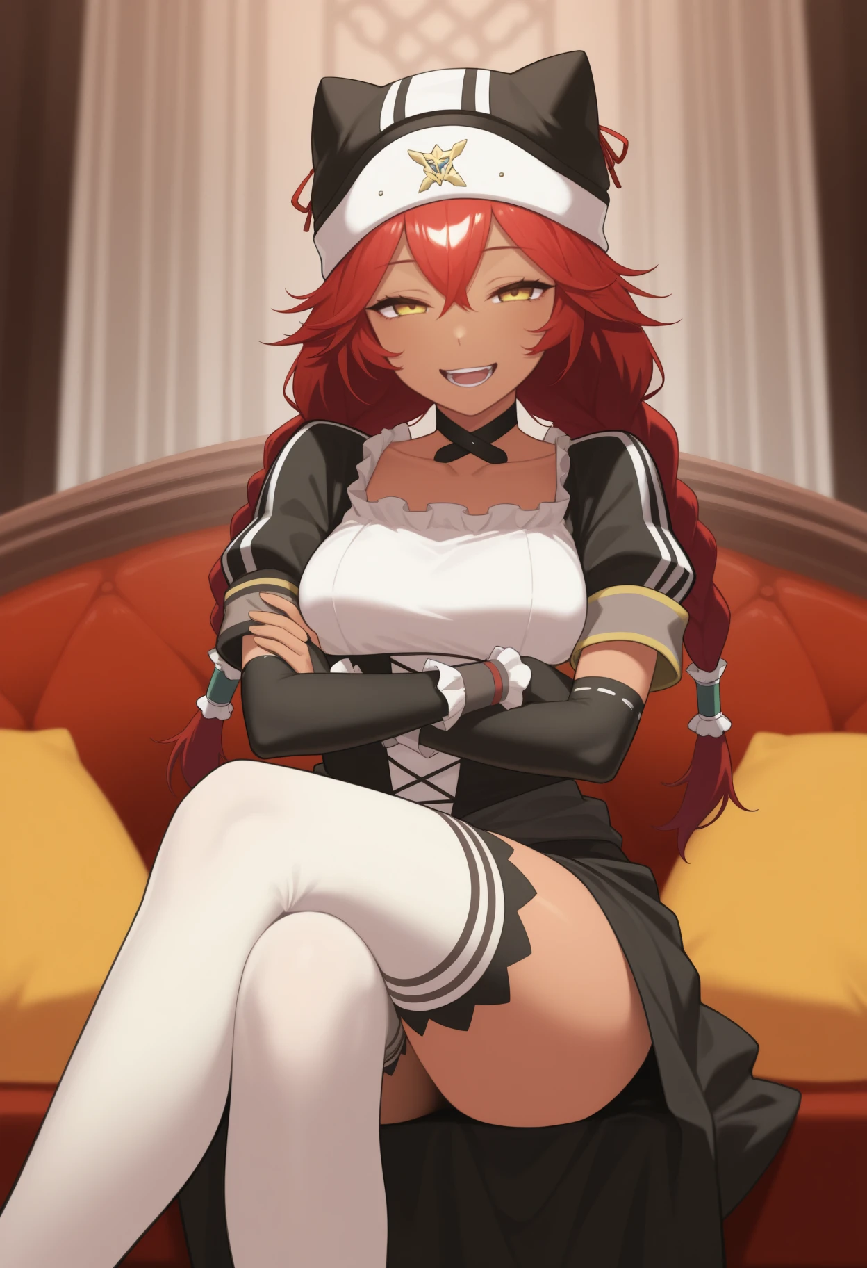 masterpiece, best quality, feet out of frame, solo, 1girl, lpsrgnbt, dark-skinned female, smile, open mouth, teeth, looking at viewer, sitting, on couch, crossed arms, crossed legs, long hair, red hair, hair between eyes, twin braids, hair tubes, animal hat, yellow eyes, half-closed eyes, maid, frills, black dress, underbust, puffy short sleeves, black gloves, elbow gloves, bridal gauntlets, frilled wrist cuffs, white thighhighs, black choker, collarbone, indoors, mansion
<segment:yolo-Anzhc Face seg 640 v2 y8n.pt,0.4,0.5//cid=1>