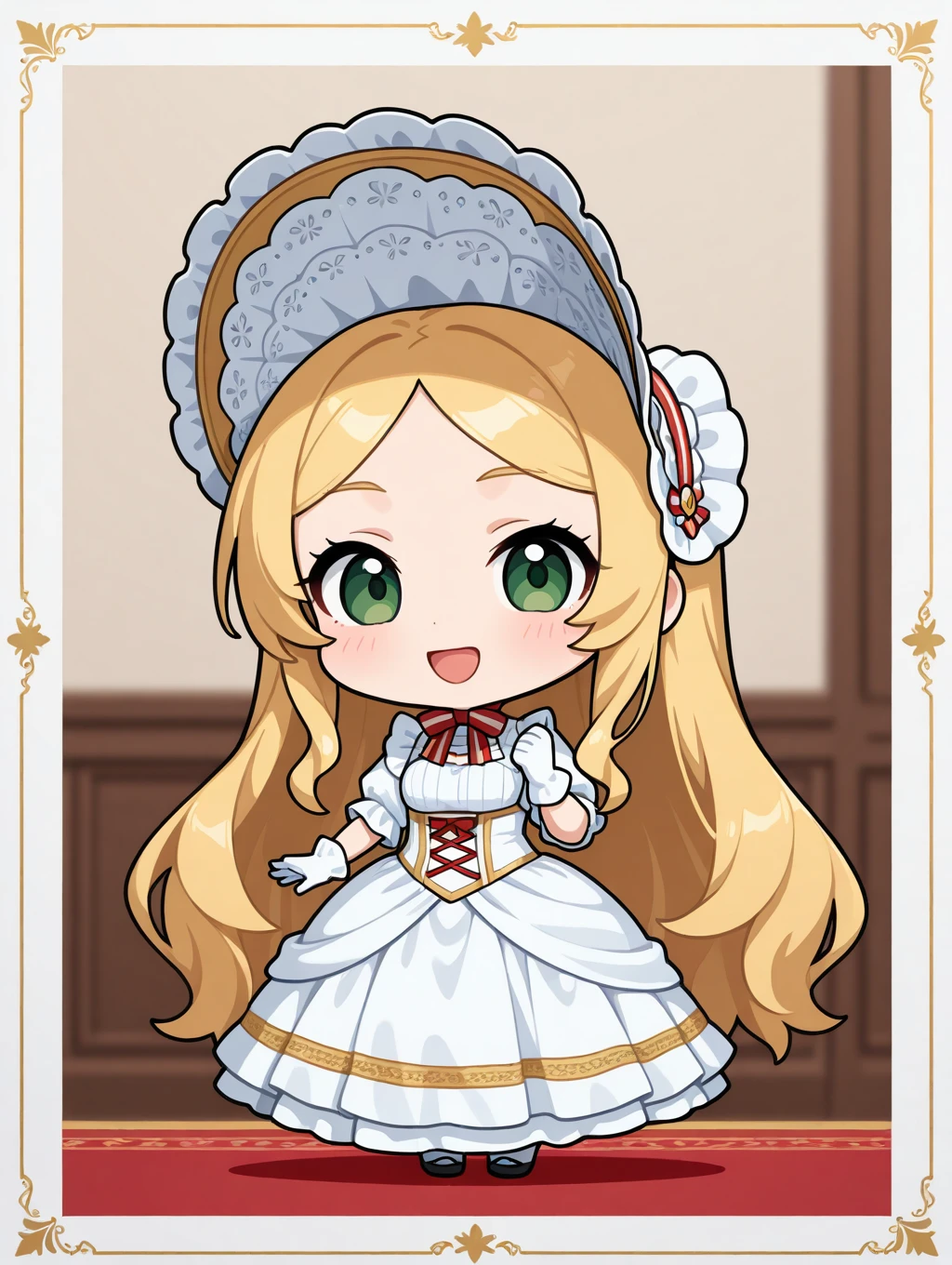 lapice, 1girl, solo, long hair, looking at viewer, smile, open mouth, blonde hair, simple background, gloves, dress, very long hair, green eyes, standing, full body, white gloves, chibi, white dress, border, bonnet


masterpiece, best quality,amazing quality, very aesthetic, absurdres, depth of field, blurry background, extremely detailed face, detailed eyes