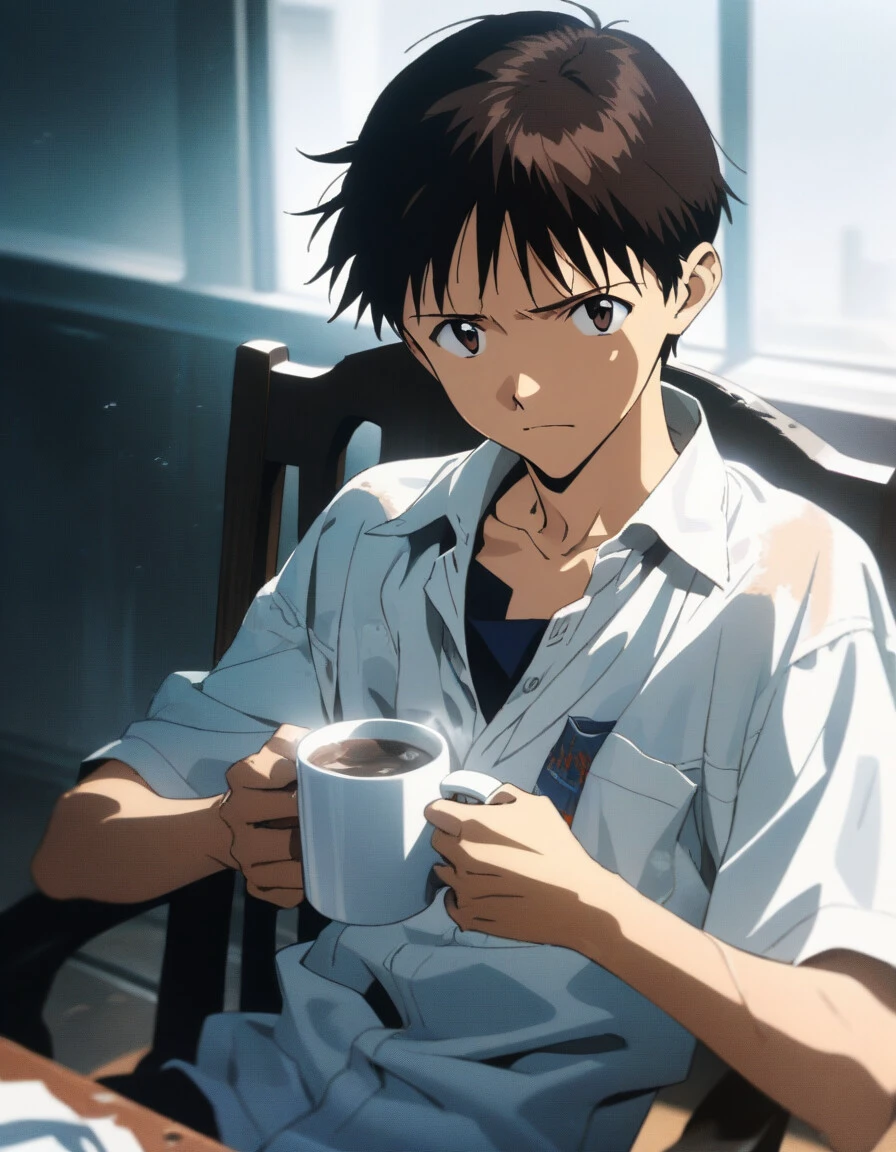 1boy, male focus, ikari shinji, neon genesis evangelion, solo, holding mug, sitting, on chair, holding, serious face, looking at viewer, indoors, upper body, cinematic angle,, (masterpiece), (best quality), (ultra-detailed), very aesthetic, illustration, disheveled hair, perfect composition, moist skin, intricate details,