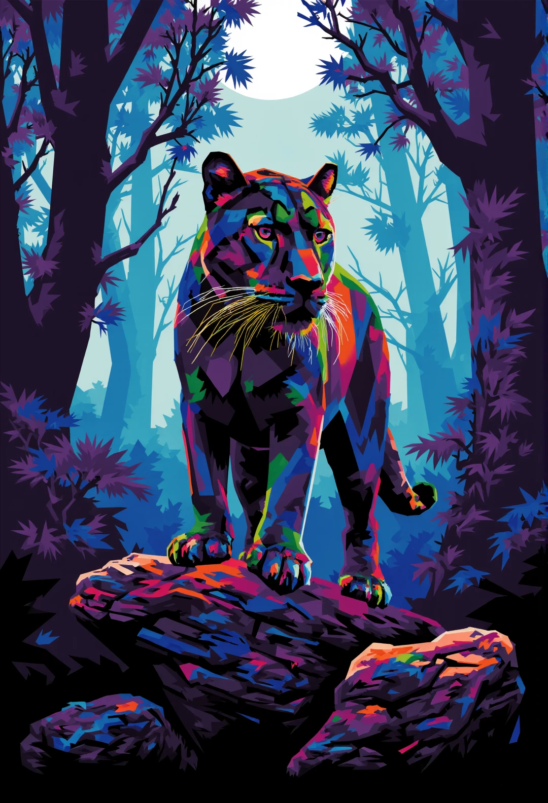 Geometric Colorful Forces,

In an intricately detailed oil painting, a black panther emerges as the main character. It stands majestically on a rocky outcrop, its sleek, muscular form exuding both power and elegance. The panther's coat gleams under a faint beam of moonlight, highlighting its velvety black fur and piercing amber eyes that captivate and intrigue.

The background of the image unfolds into a dense, mystical jungle bathed in deep shadows and soft luminescence. Silhouettes of towering trees enshrouded in mist add layers of depth and mystery to the scene, while scattered shafts of moonlight break through, casting ethereal patterns on the forest floor. The leaves glisten as if touched by dew, enhancing the sense of an untouched, magical wilderness.

The visual style leans towards a hyper-realistic oil painting, where the artist skillfully captures intricate details with vivid, rich colors and dramatic contrasts. The ambiance is infused with an enigmatic aura, where the solitary presence of the black panther imbues the scene with a hauntingly beautiful and compelling atmosphere. The blending of colors and textures gives it a dreamlike quality yet one that feels tangible and intense, providing an image both serene and intensely powerful.