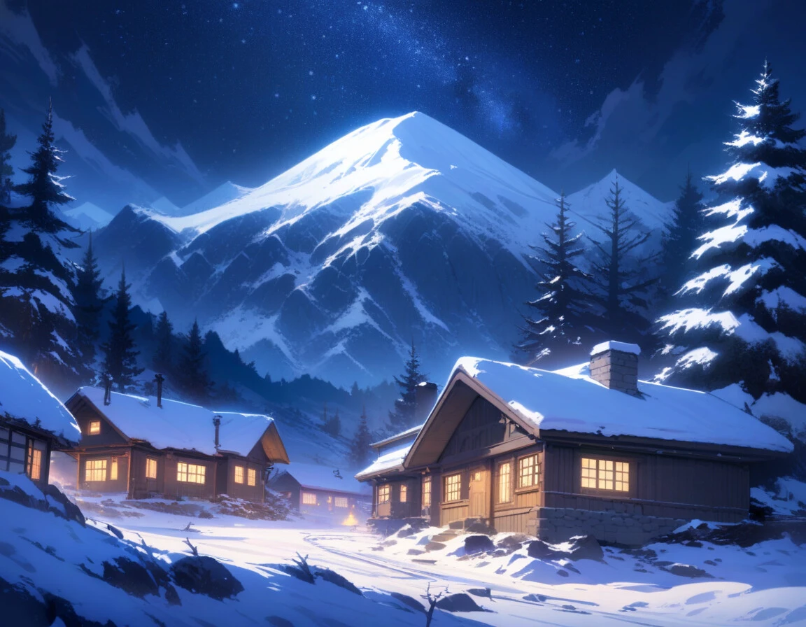 snow, scenery, outdoors, house, sky, mountain, star \(sky\), no humans, night, starry sky, tree, night sky, winter, nature, pine tree, building, forest, mountainous horizon, village, masterpiece, best quality, very aesthetic, absurdres,