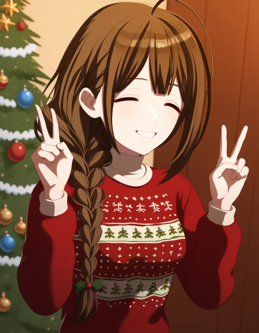 score_9, score_8_up, score_7_up, source_anime, <lora:chiyuki-kuwayama-s2-ponyxl-lora-nochekaiser:1>, chiyuki kuwayama, long hair, bangs, brown hair, brown eyes, braid, ahoge, single braid, hair over shoulder, braided ponytail, medium breasts,, <lora:christmas-sweater-ponyxl-lora-nochekaiser:1>, christmas sweater, christmas, ugly sweater, print sweater, red sweater, christmas tree, christmas ornaments, sweater, multicolored sweater, , v, smile, hands up, teeth, closed eyes, cowboy shot,, , dutch angle, cowboy shot