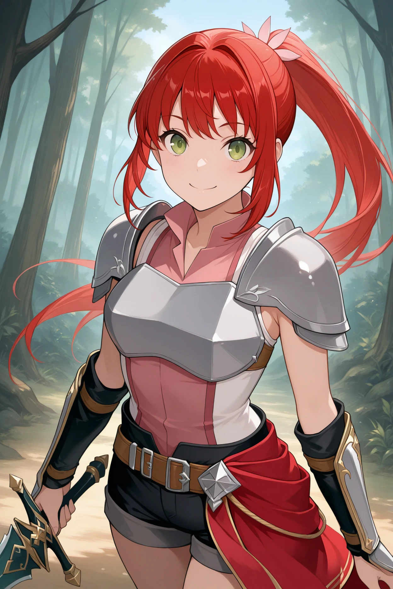 masterpiece, best quality, 1girl, solo,  <lora:aliselovell-illu-nvwls-v1-000006:1> alslvl, sidelocks, ponytail, sidelocks, red hair, green eyes, armor, shoulder armor, pink shirt, sleeveless shirt, bracers, belt, black shorts, short shorts, brown belt, red waist cape, forest, blue sky, looking at viewer, smile, happy, holding sword, upper body