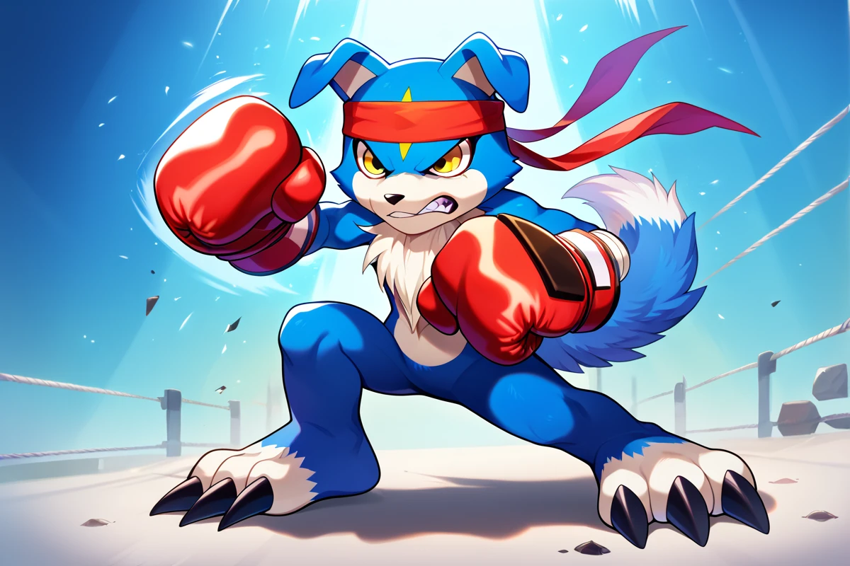 <lora:gaomon_v3:1>,gaomon,blue fur,furry,headband,boxing gloves,yellow eyes,full body,score_6_up,score_7_up,score_8,score_9,claws,fighting stance,clenched teeth,angry,punching,