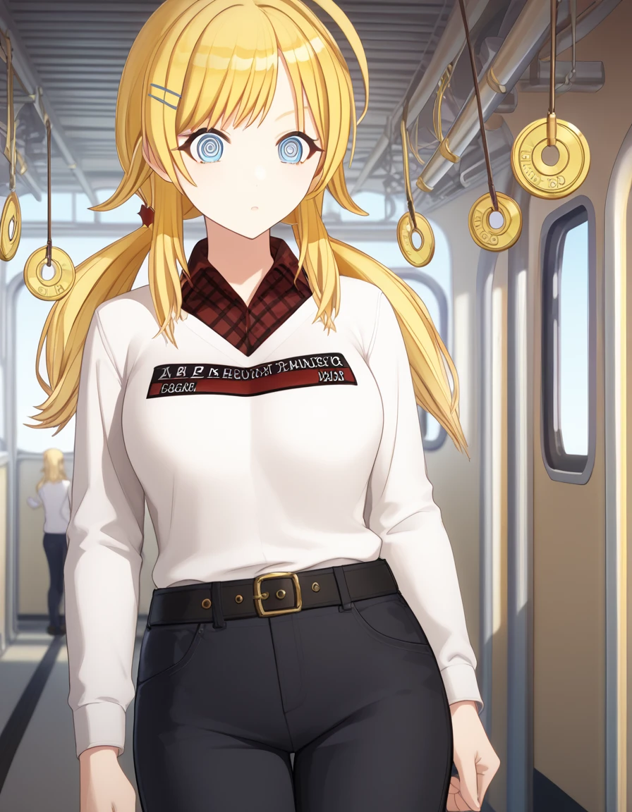 score_9, score_8_up, score_7_up, source_anime, <lora:meguru-hachimiya-s2-ponyxl-lora-nochekaiser:1>, meguru hachimiya, long hair, bangs, blue eyes, blonde hair, hair ornament, twintails, ahoge, hairclip, large breasts,, shirt, long sleeves, plaid, red shirt, plaid shirt, belt, pants, black pants,, railroad tracks, rails, train, journey, long, , <lora:pendulum-ponyxl-lora-nochekaiser:1>, pendulum, holed coin, coin on string, hypnosis, mind control, coin, @ @,, looking at viewer, solo,, dutch angle, cowboy shot