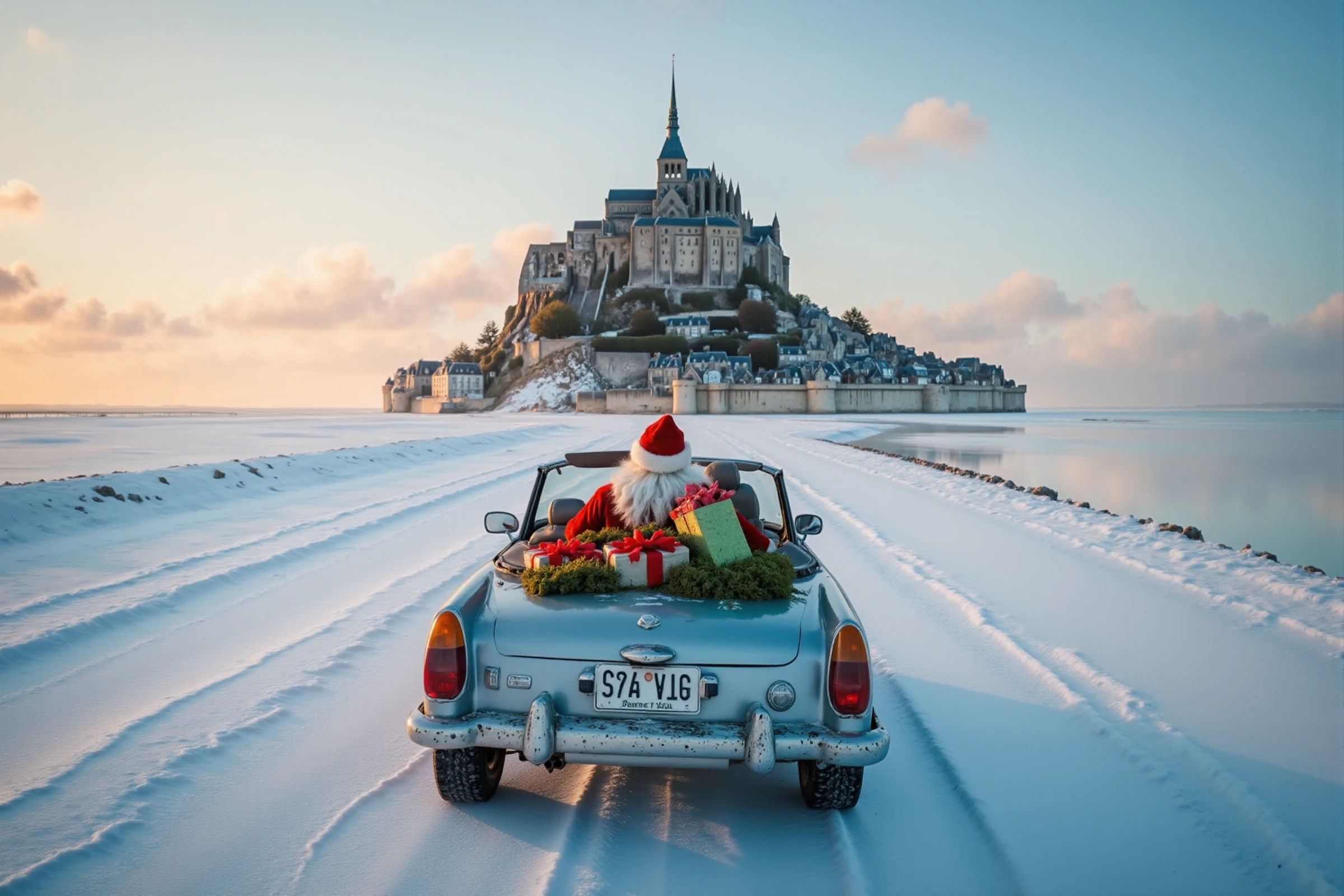 <lora:Mont Saint Michel:0.9> mont saint michel island. santa claus is driving a convertible filled with gift toward the island. Snow scenery. licence plate text says "Santa"