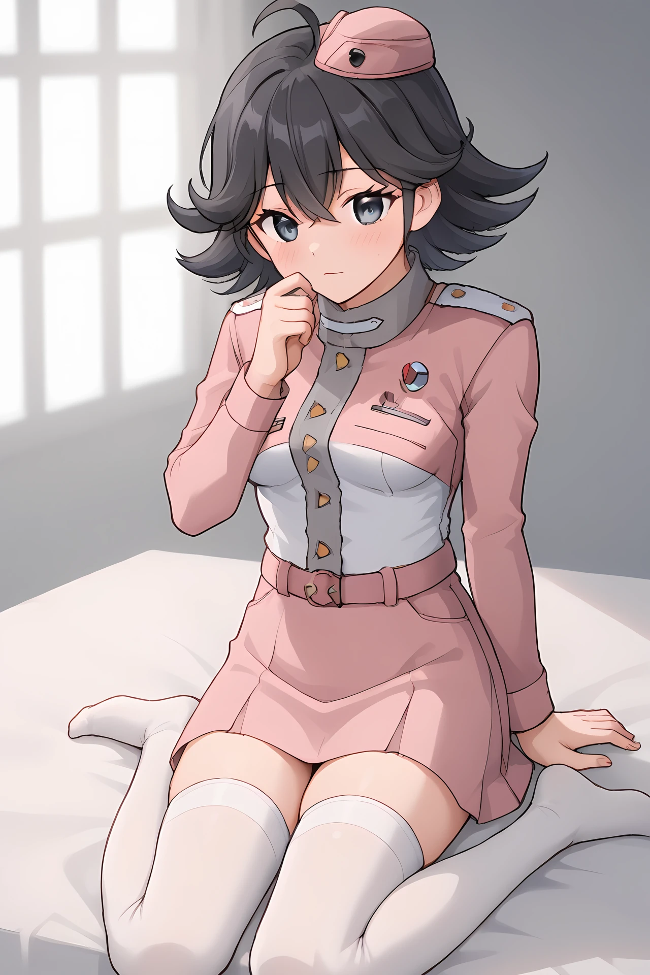 (pink uniform pink skirt belt white thighhighs:1.30), cra-tanya, pink garrison cap, grey eyes, [black hair], blue eyes, short hair, flipped hair, ahoge, 
medium breasts, 1girl, solo, skinny, (source_anime, score_9, score_8_up, score_8, score_7_up), score_7, score_6_up, score_6, score_5_up, score_5, 
(blush:1.10),
(school:0.90),
(sitting:1.60), (feet:1.20),
<lora:cra-tanya-V04:0.90>