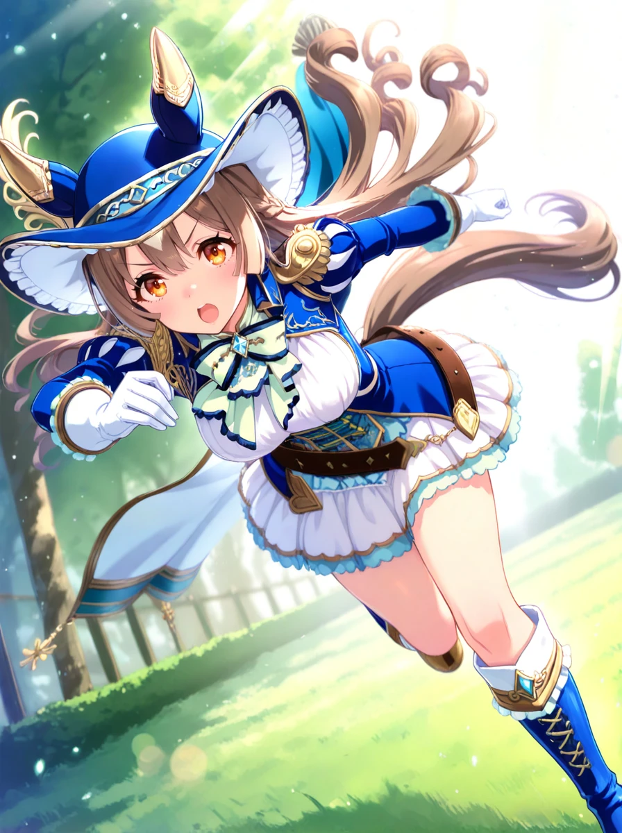 masterpiece, best quality,
satono diamond \(umamusume\), 1girl, horse ears, horse tail, white gloves, blue knee boots, juliet long sleeves, blue jacket, open mouth, running, full body, looking at viewer, white background, brown belt, chevalier bull clothes, blue hat, white dress, epaulettes, light green bowtie, side cape
light rays,lens flare,light particles,beautiful detailed eyes,dynamic pose,dynamic angle,outdoor,
<lora:ILL_satono_diamond_ver1.02:0.85>