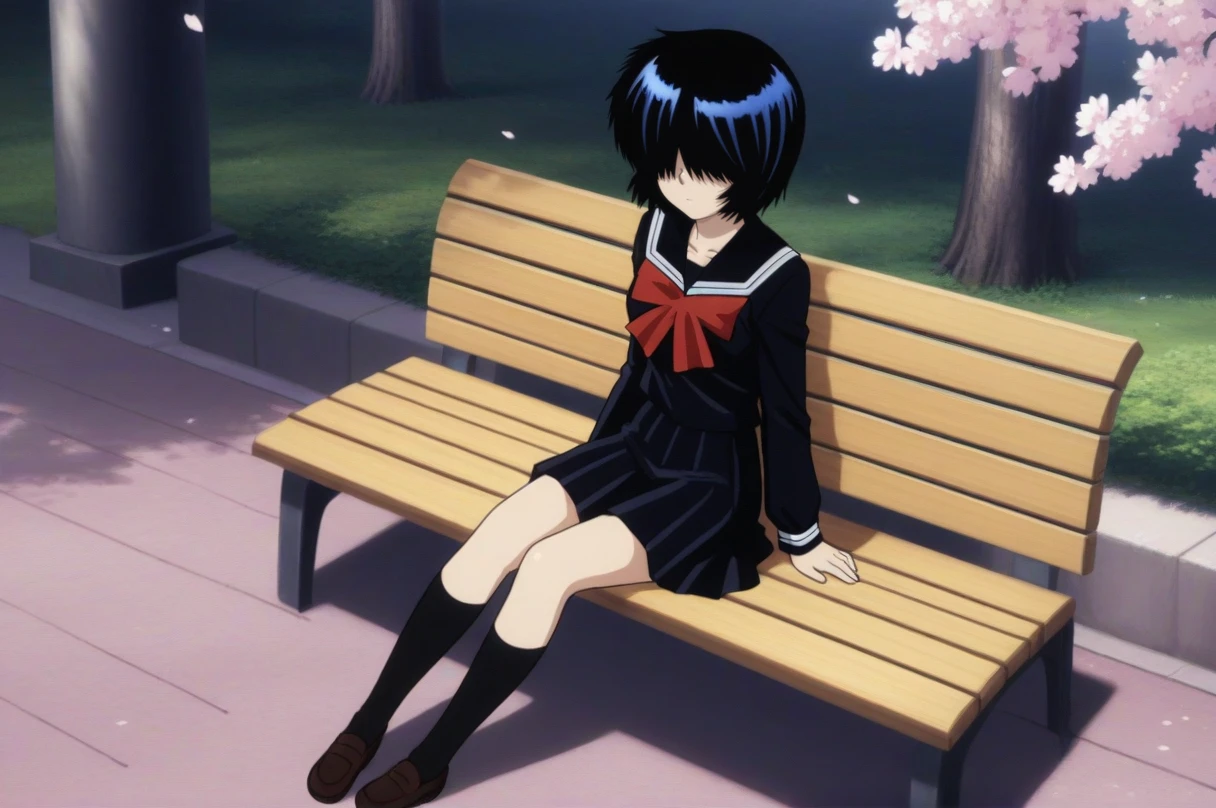 UrabeMikoto, 1girl, black serafuku, <lora:UrabeMikoto-4-4-e5-prodigy-illustrious:0.8>, (hair over eyes) expressionless, masterpiece, best quality, high resolution, 8k, full body, outdoors, on bench, cherry blossoms, long black socks