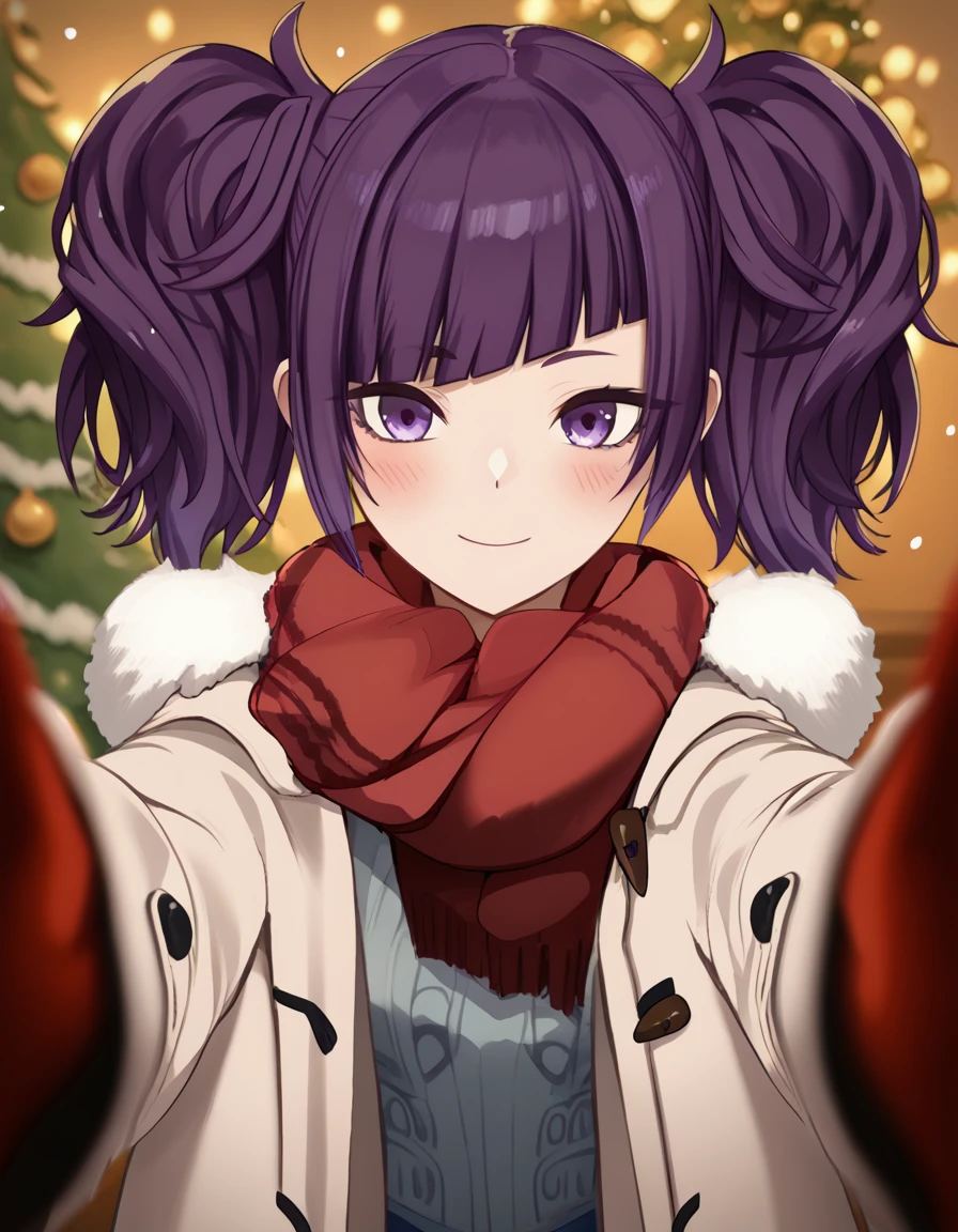 score_9, score_8_up, score_7_up, source_anime, <lora:mamimi-tanaka-s2-ponyxl-lora-nochekaiser:1>, mamimi tanaka, asymmetrical bangs, blunt bangs, diagonal bangs, purple eyes, purple hair, twintails, medium breasts,, <lora:pov-cheek-warming-ponyxl-lora-nochekaiser:1>, pov cheek warming, pov cheek warming (meme), winter gloves, duffel coat, fur-trimmed scarf, winter clothes, red mittens, meme, winter coat, red scarf, fur-trimmed coat, reaching towards viewer, reaching, mittens, fur-trimmed hood, white coat, open coat, scarf, coat, red gloves, snowing, pov, fur trim, depth of field, smile, blush,, christmas, christmas tree, christmas lights,, , dutch angle, cowboy shot