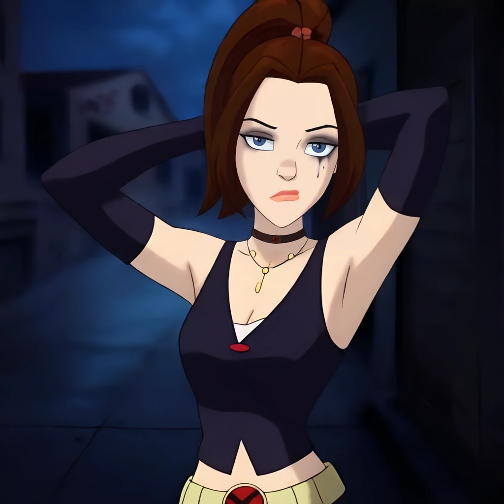 bootyattack-kittypryde-hero, 1girl, parted bangs, ponytail, brown hair, blue eyes, necklace, v-neck, bored, goth, black collar, black elbow gloves, runny makeup, cleavage, black skirt, midriff, corset, night, alley, graffiti, belt, looking at viewer, armpits, arms behind head, <lora:bootyattack_kittypryde:1>