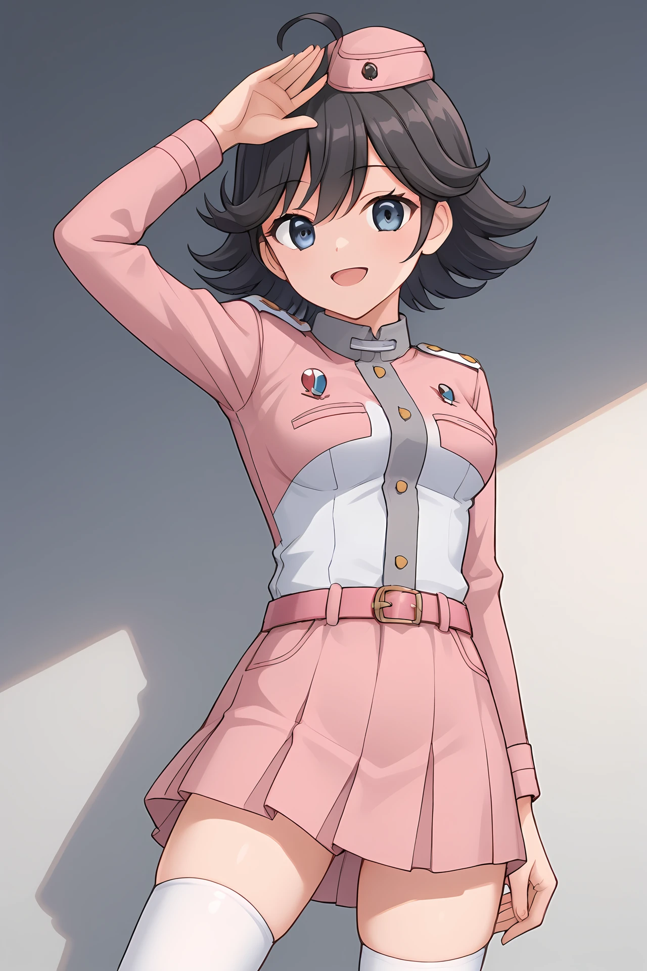 (pink uniform pink skirt belt white thighhighs:1.30), cra-tanya, pink garrison cap, grey eyes, [black hair], blue eyes, short hair, flipped hair, ahoge, 
medium breasts, 1girl, solo, skinny, (source_anime, score_9, score_8_up, score_8, score_7_up), score_7, score_6_up, score_6, score_5_up, score_5, 
(happy:1.10),
(stadium:0.70),
(straight-on:1.40), (:1.10),
<lora:cra-tanya-V04:0.70>